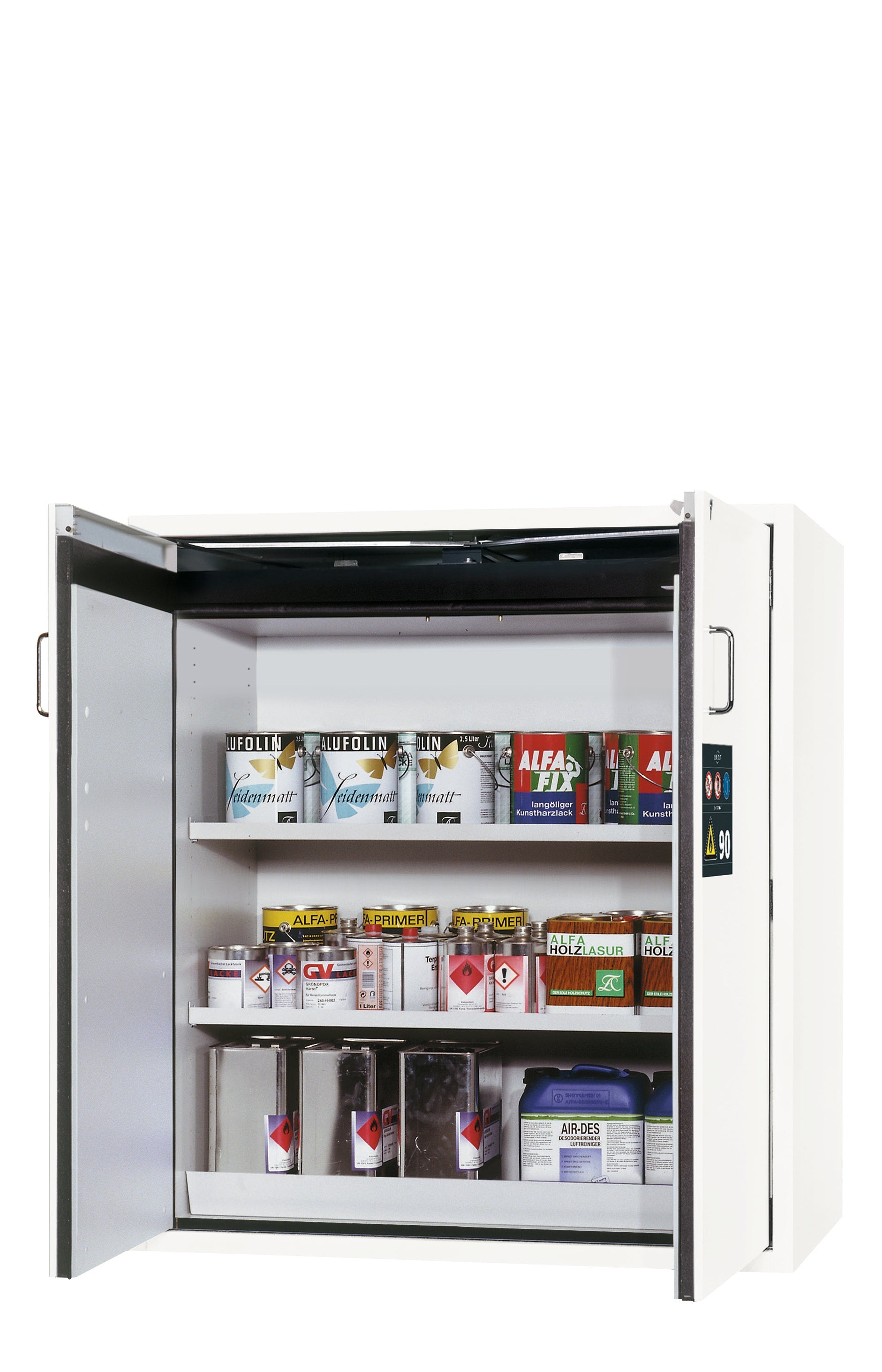 Armoire de sécurité type 90 S-CLASSIC-90 modèle S90.129.120.WDAS en blanc de laboratoire (similaire à RAL 9016) avec 2 étagères standard (tôle d'acier)