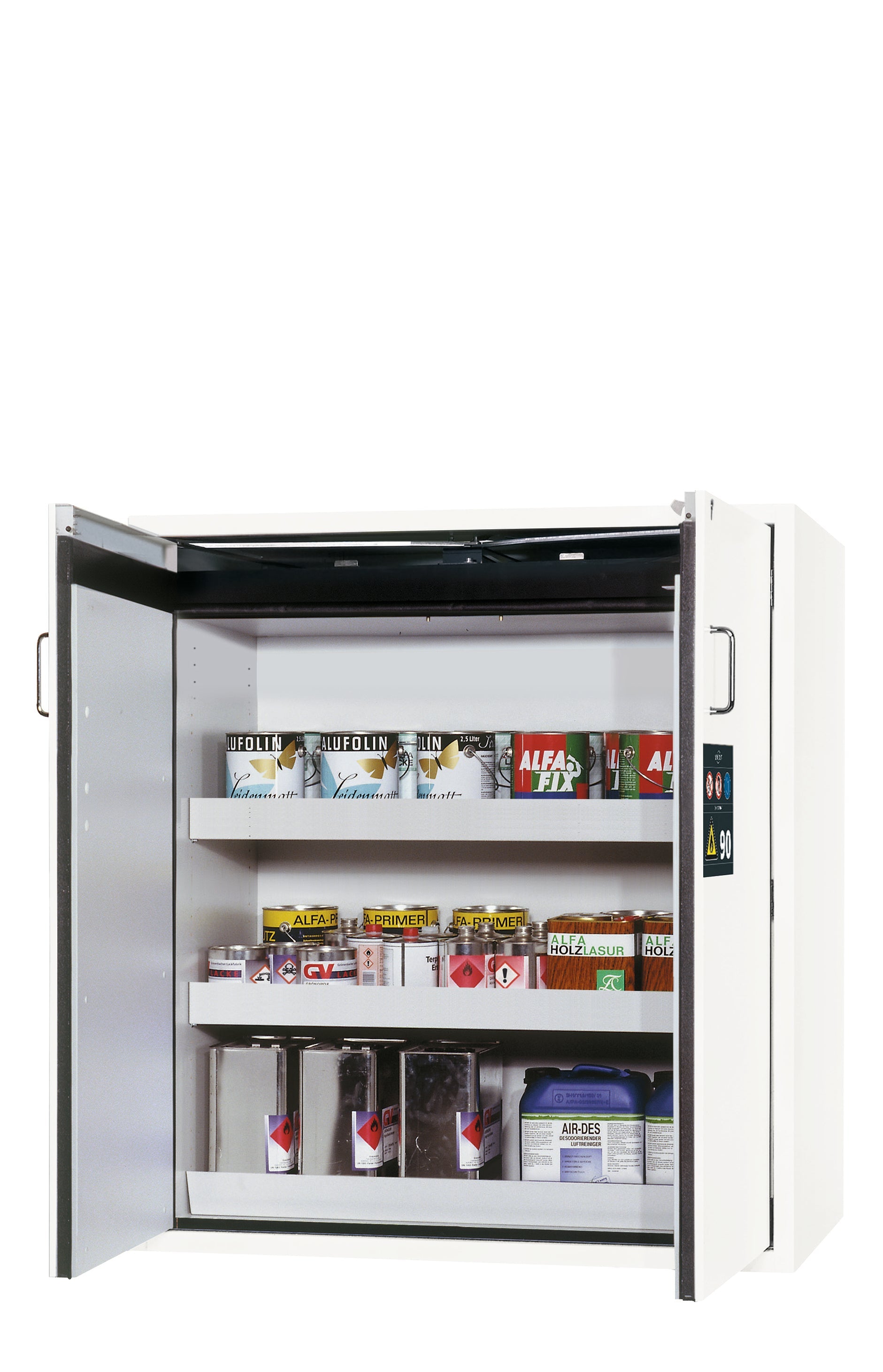 Armoire de sécurité type 90 S-CLASSIC-90 modèle S90.129.120.WDAS en blanc de laboratoire (similaire à RAL 9016) avec 2x pieds de plateau standard (tôle d'acier)