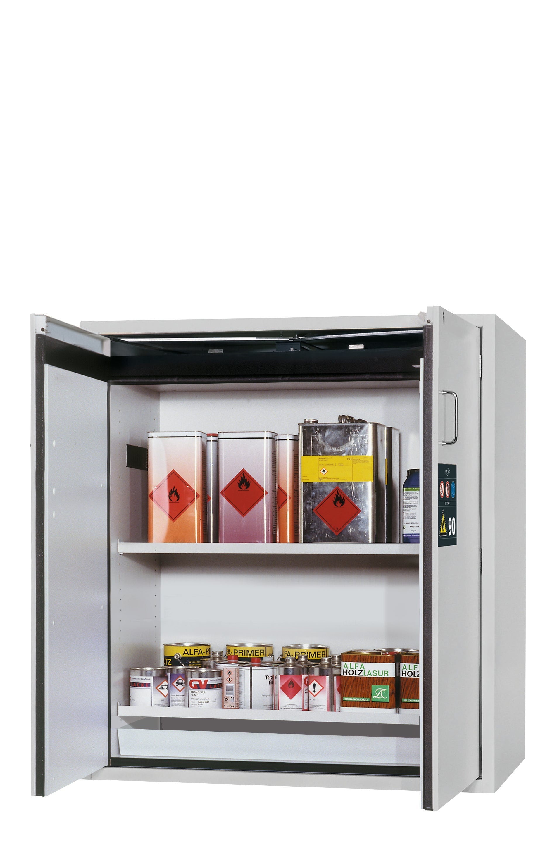 Type 90 safety cabinet S-PEGASUS-90 model S90.129.120.WDAC in light gray RAL 7035 with 2x standard shelves (sheet steel)