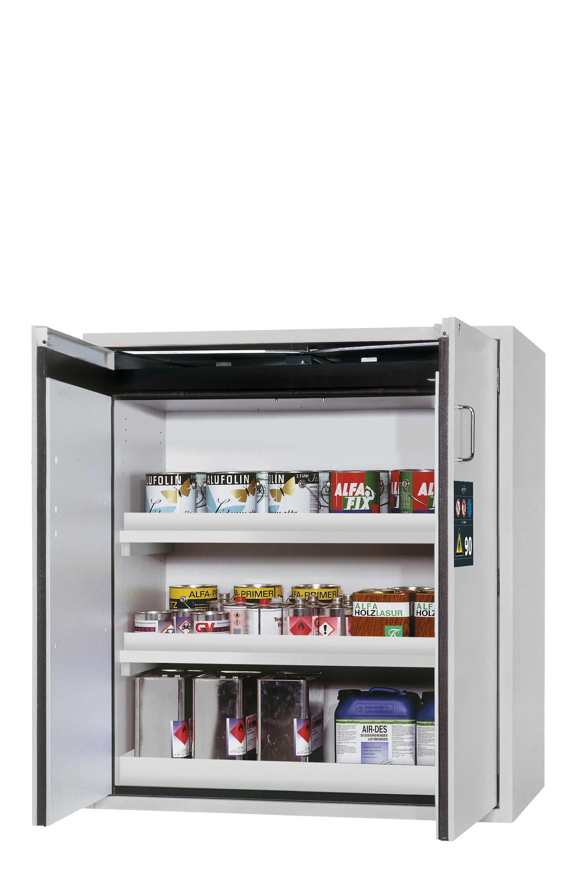 Type 90 safety cabinet S-PEGASUS-90 model S90.129.120.WDAC in light gray RAL 7035 with 2x standard tray base (polypropylene)