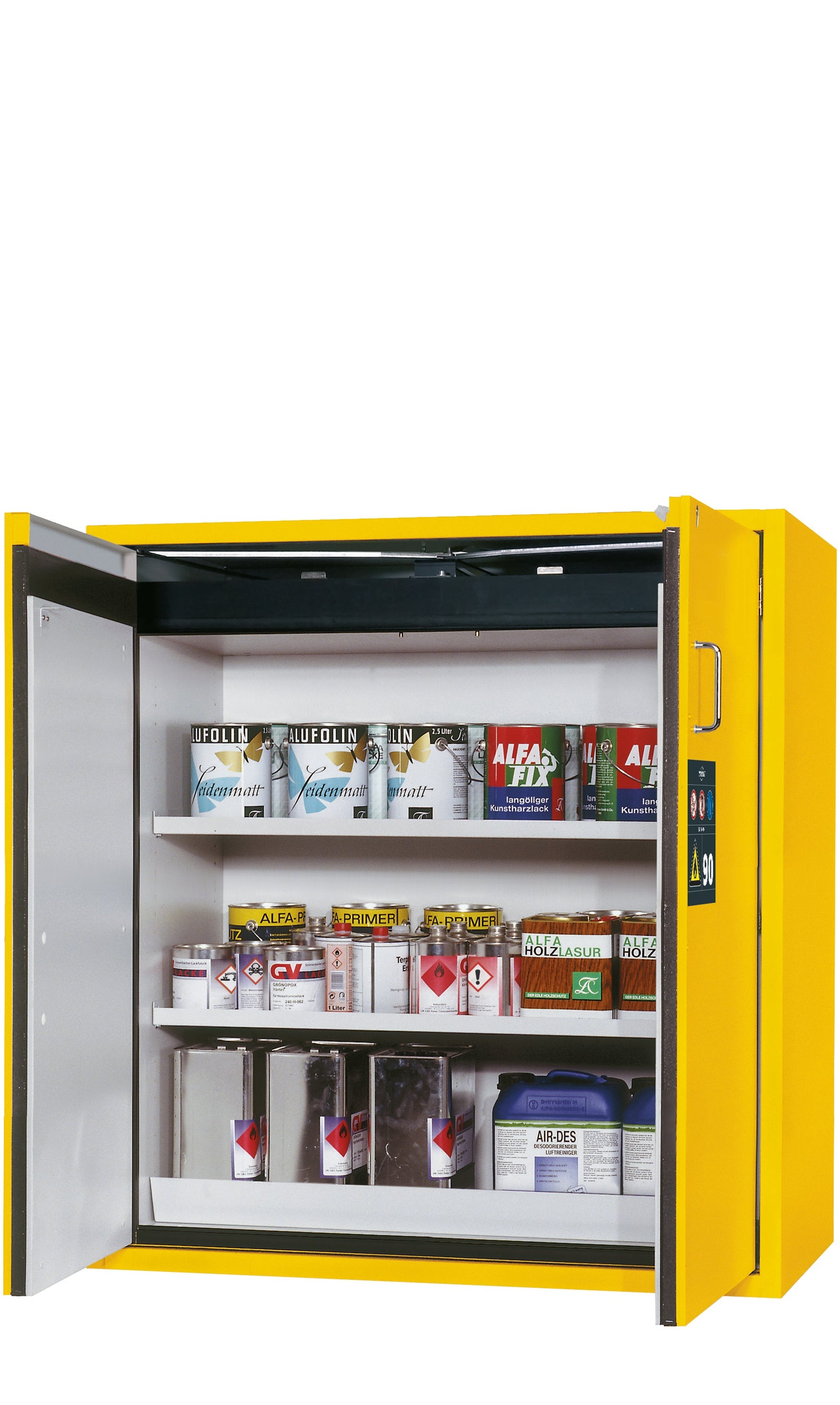 Type 90 safety cabinet S-PEGASUS-90 model S90.129.120.WDAC in safety yellow RAL 1004 with 2x standard shelves (sheet steel)