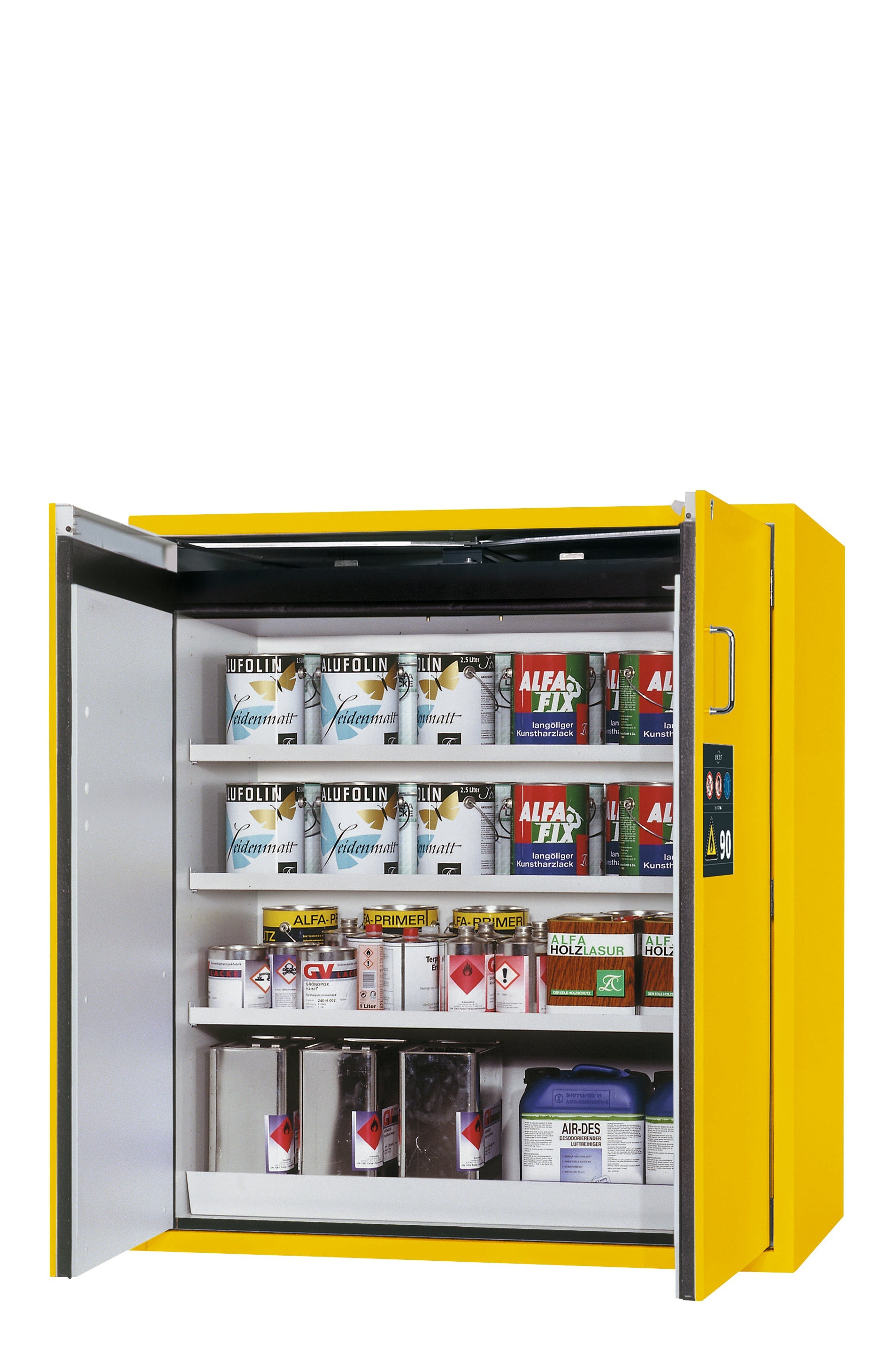 Type 90 safety cabinet S-PEGASUS-90 model S90.129.120.WDAC in safety yellow RAL 1004 with 3x standard shelves (sheet steel)