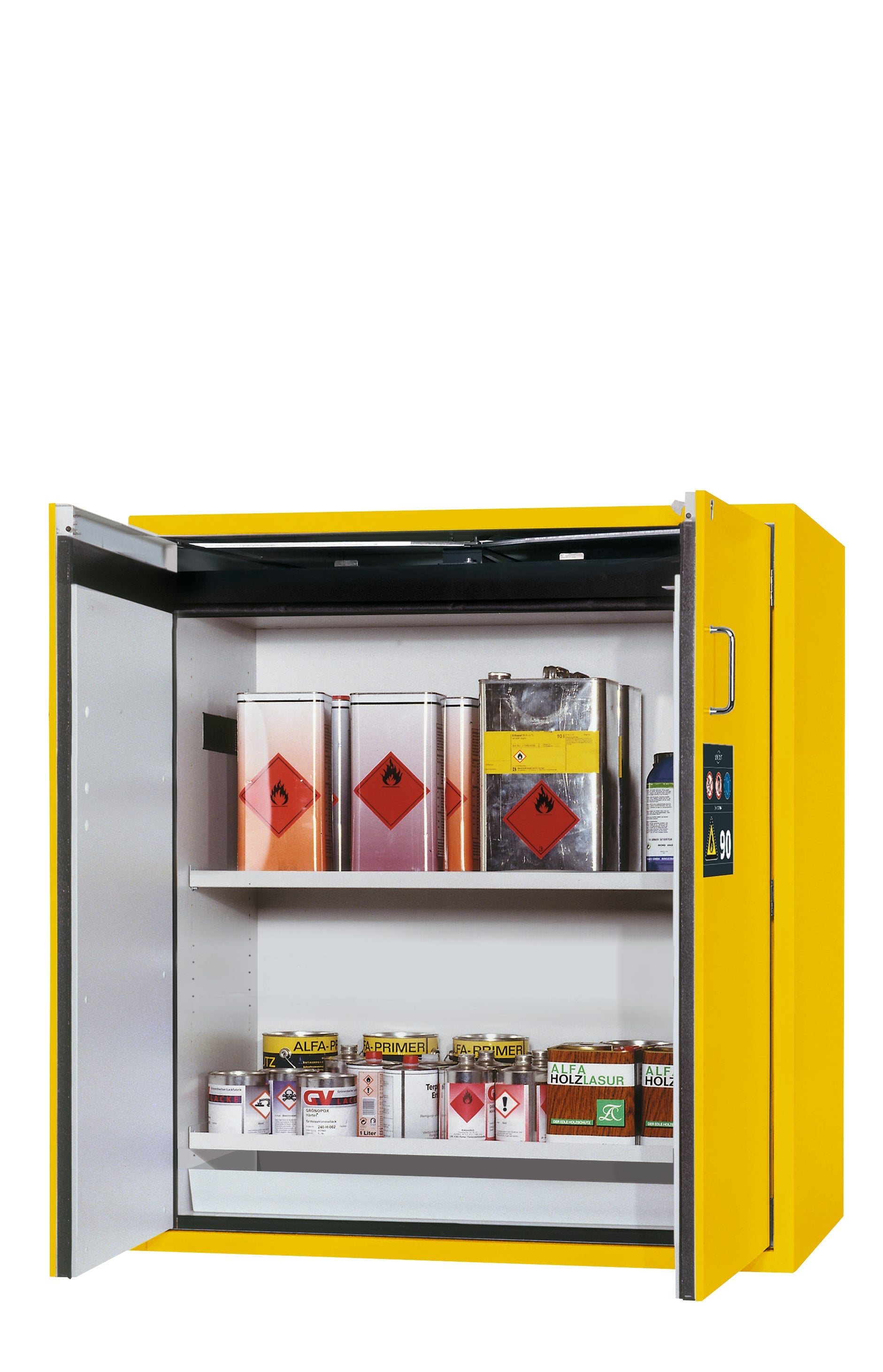 Type 90 safety cabinet S-PEGASUS-90 model S90.129.120.WDAC in safety yellow RAL 1004 with 2x standard shelves (sheet steel)