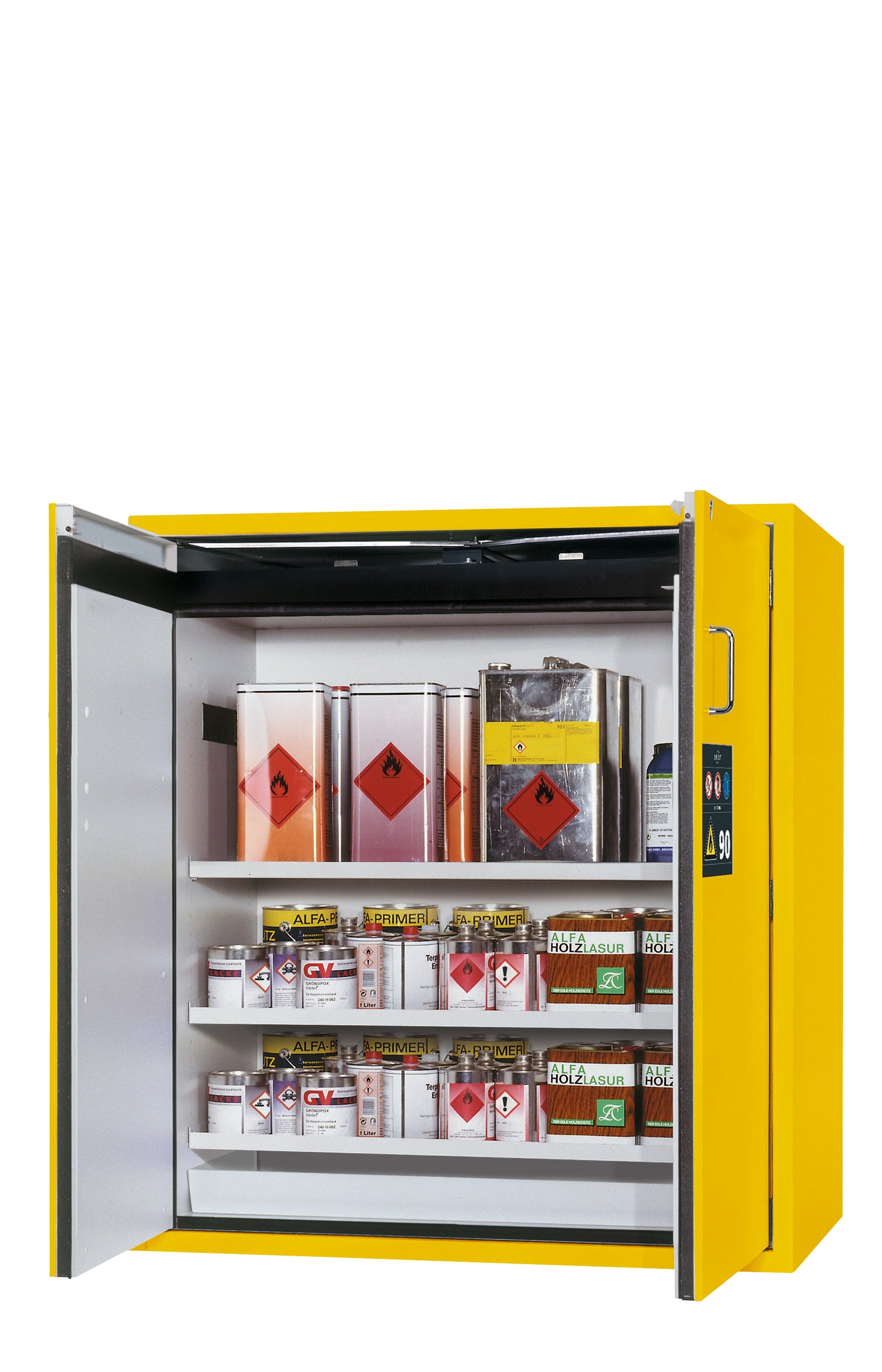 Type 90 safety cabinet S-PEGASUS-90 model S90.129.120.WDAC in safety yellow RAL 1004 with 3x standard shelves (sheet steel)