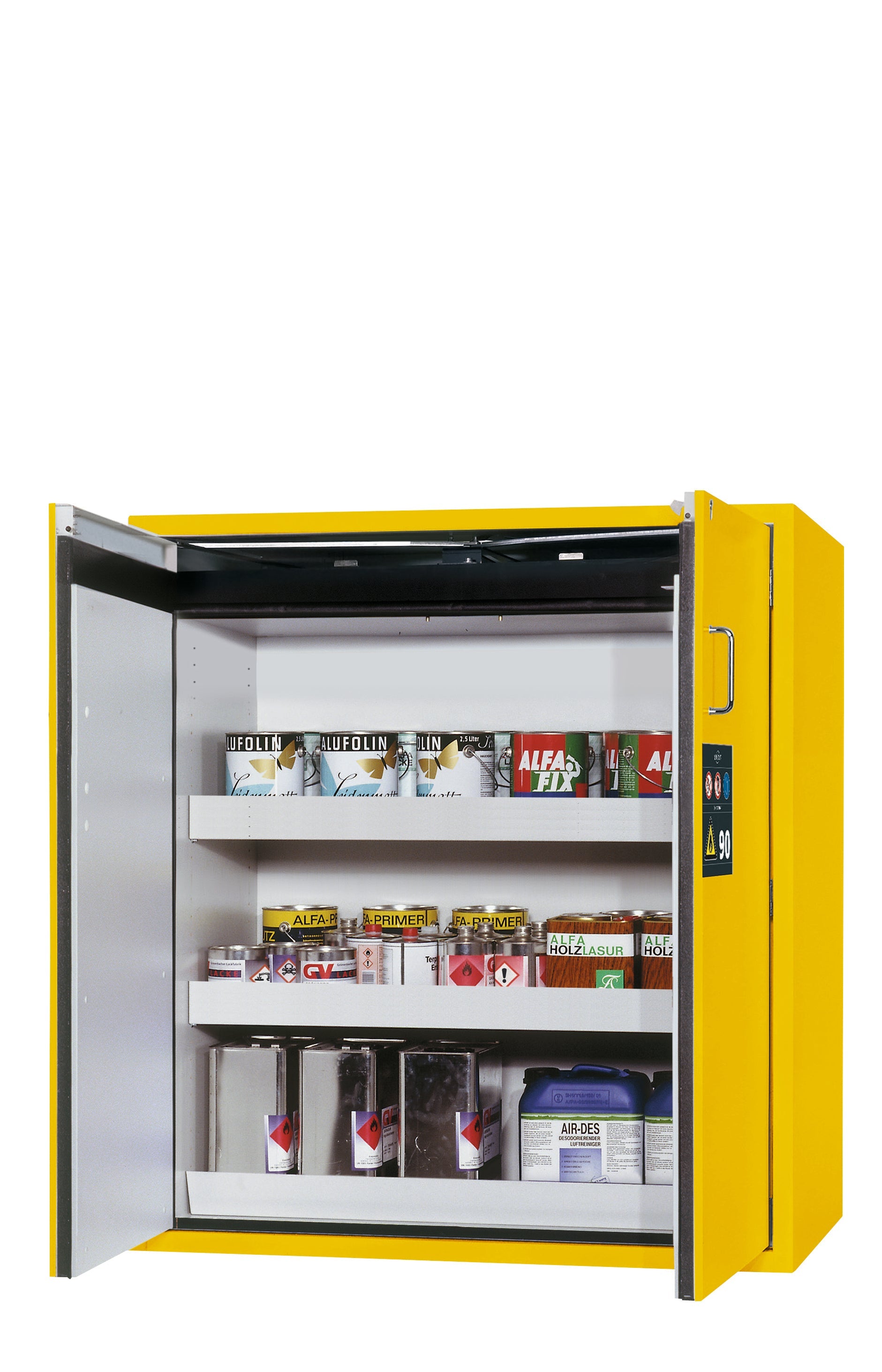 Type 90 safety cabinet S-PEGASUS-90 model S90.129.120.WDAC in safety yellow RAL 1004 with 2x standard tray base (sheet steel)