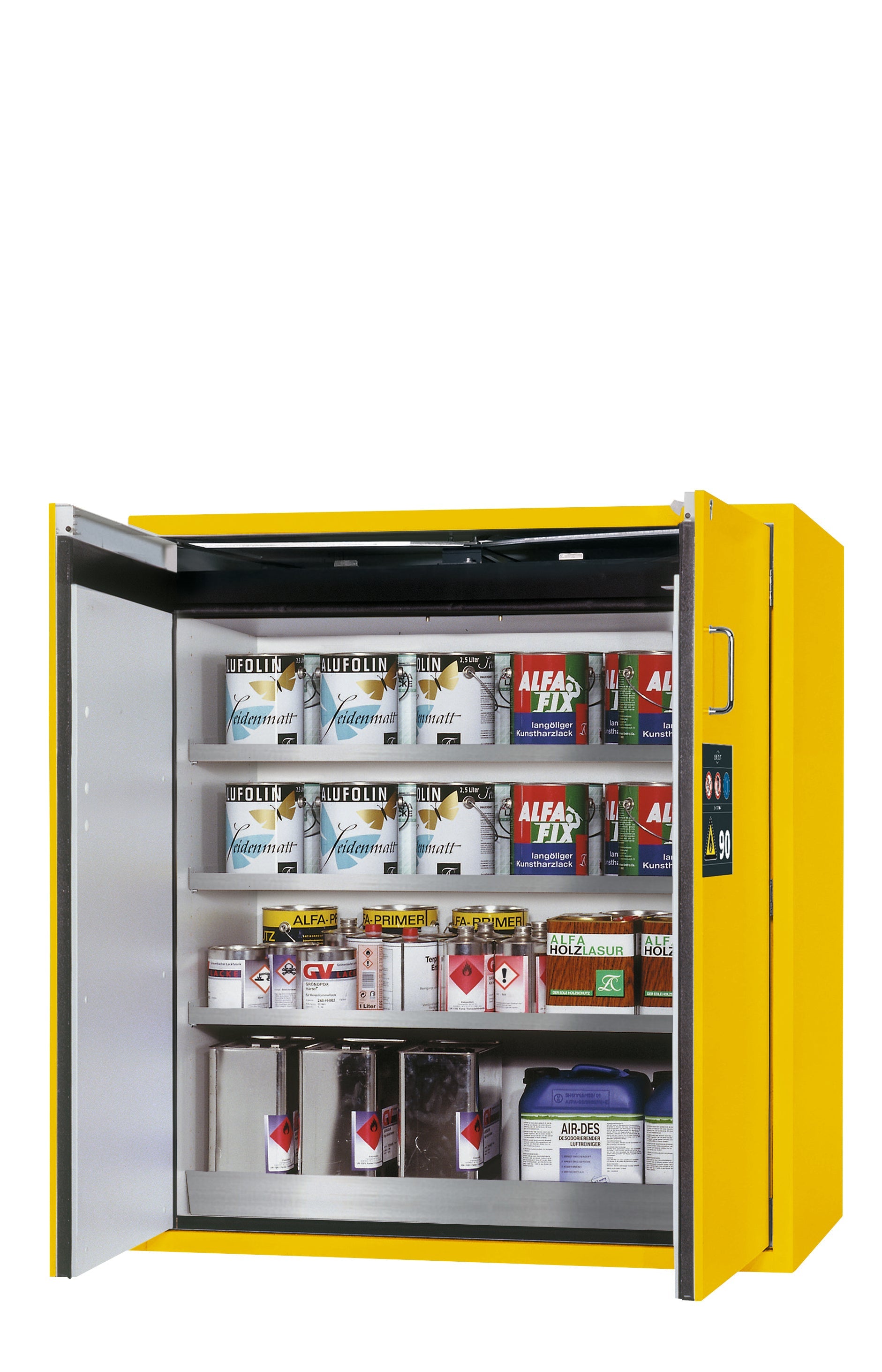 Type 90 safety cabinet S-PEGASUS-90 model S90.129.120.WDAC in safety yellow RAL 1004 with 3x standard shelves (stainless steel 1.4301)
