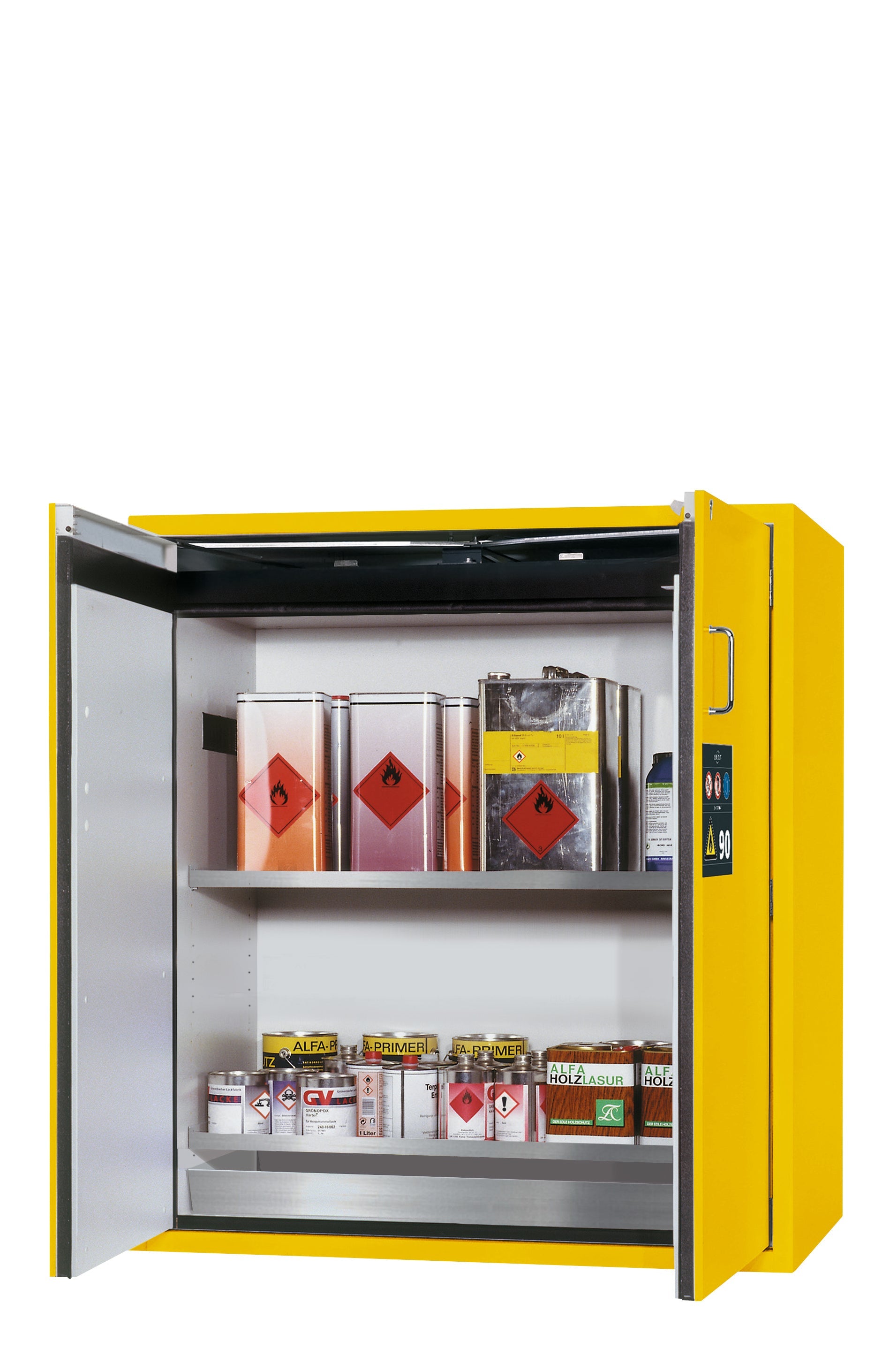 Type 90 safety cabinet S-PEGASUS-90 model S90.129.120.WDAC in safety yellow RAL 1004 with 2x standard shelves (stainless steel 1.4301)