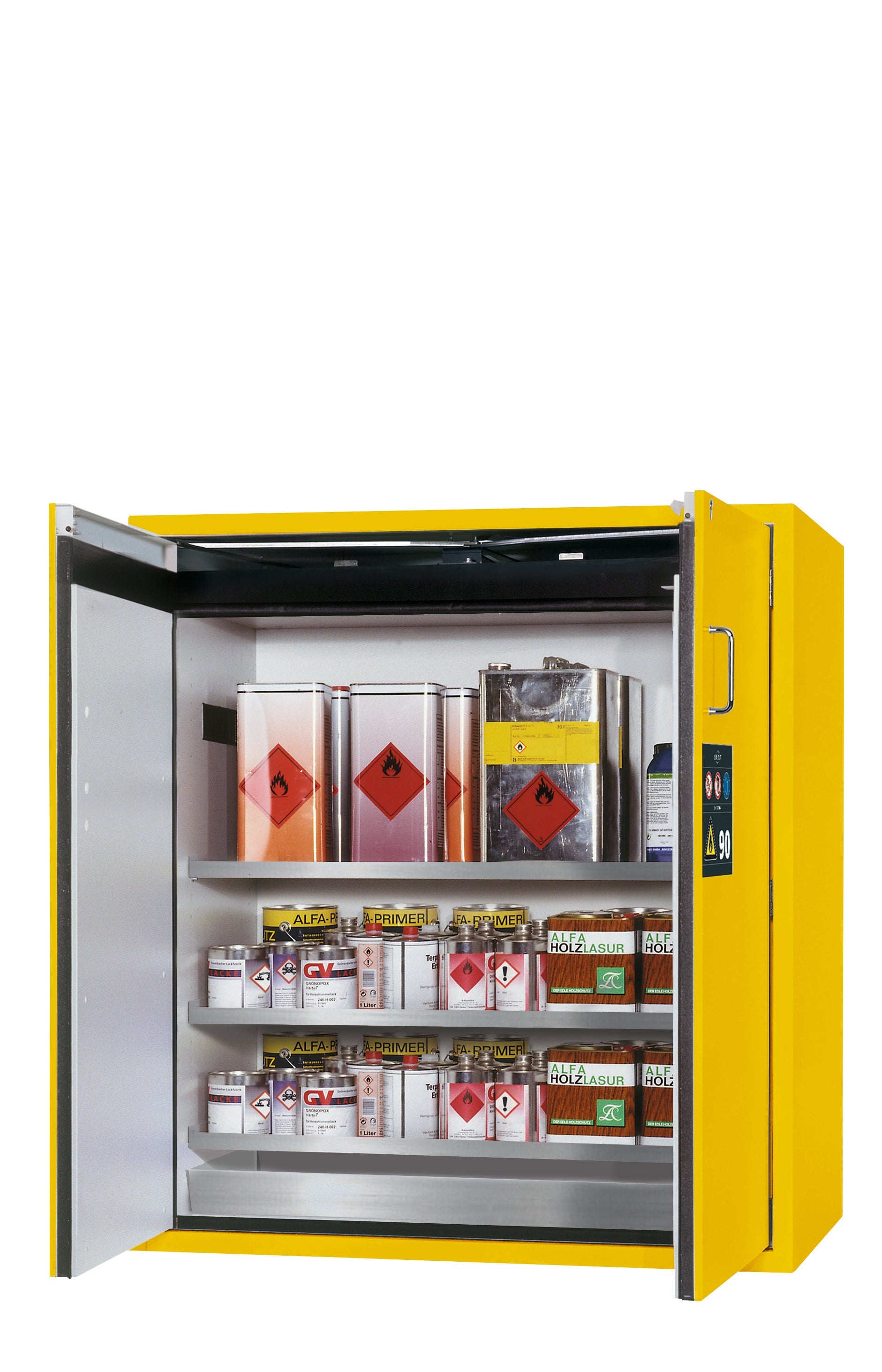 Type 90 safety cabinet S-PEGASUS-90 model S90.129.120.WDAC in safety yellow RAL 1004 with 3x standard shelves (stainless steel 1.4301)