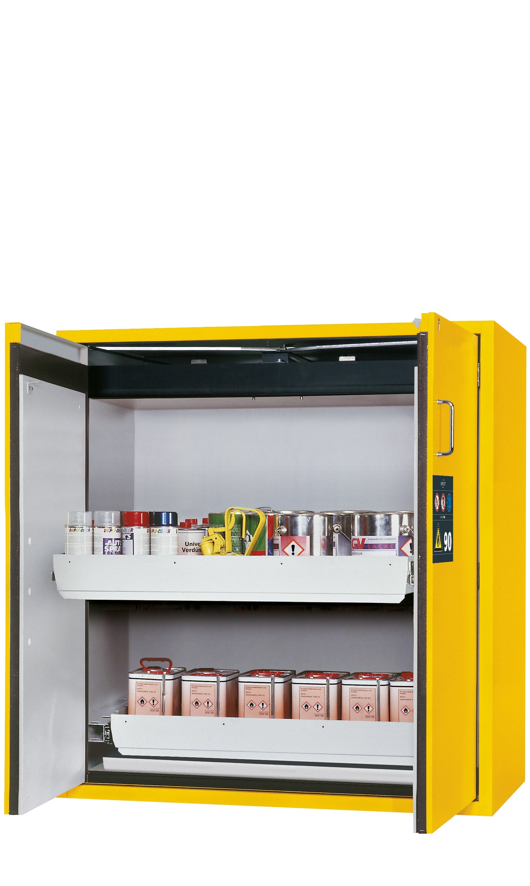 Type 90 safety cabinet S-PEGASUS-90 model S90.129.120.WDAC in safety yellow RAL 1004 with 2x standard pull-out tray (sheet steel)