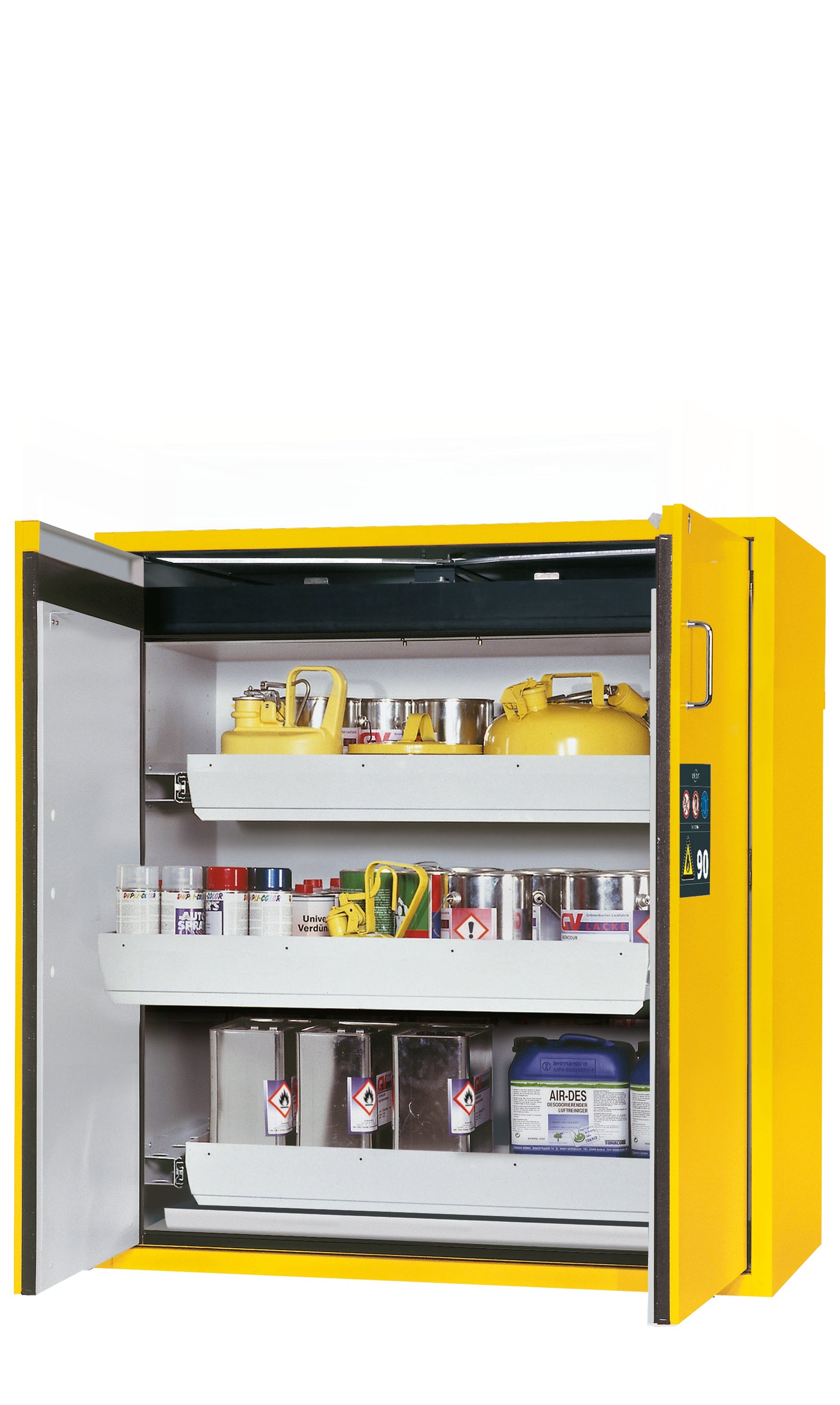 Type 90 safety cabinet S-PEGASUS-90 model S90.129.120.WDAC in safety yellow RAL 1004 with 3x standard pull-out tray (sheet steel)