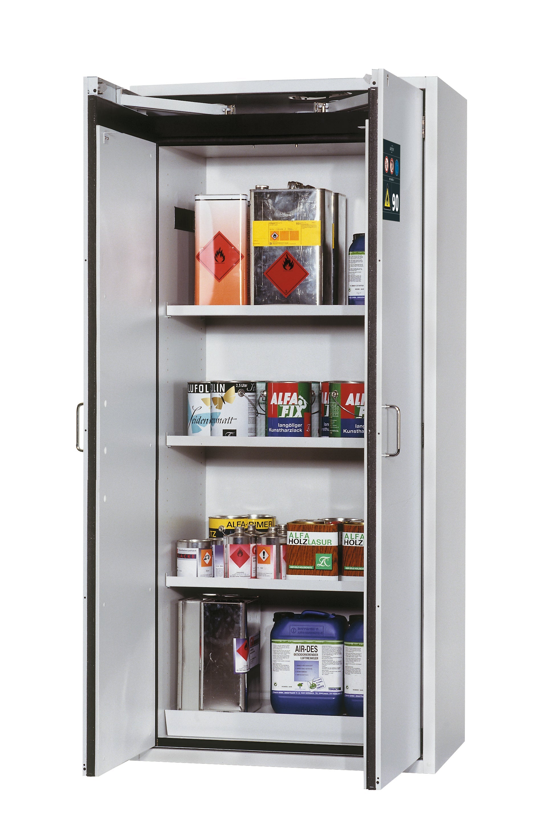 Type 90 safety cabinet S-CLASSIC-90 model S90.196.090 in light gray RAL 7035 with 3x standard shelves (sheet steel)