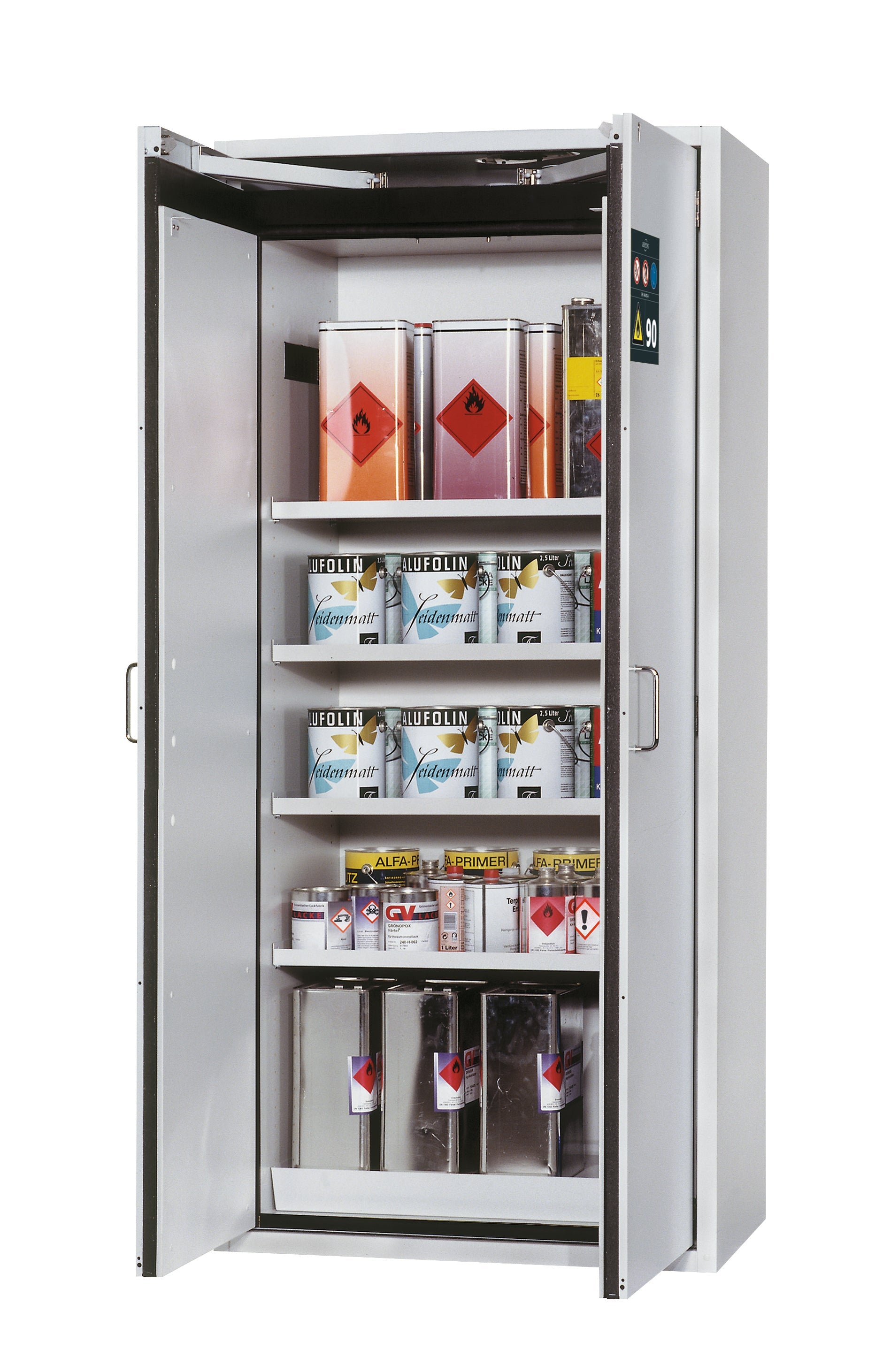 Type 90 safety cabinet S-CLASSIC-90 model S90.196.090 in light gray RAL 7035 with 4x standard shelves (sheet steel)