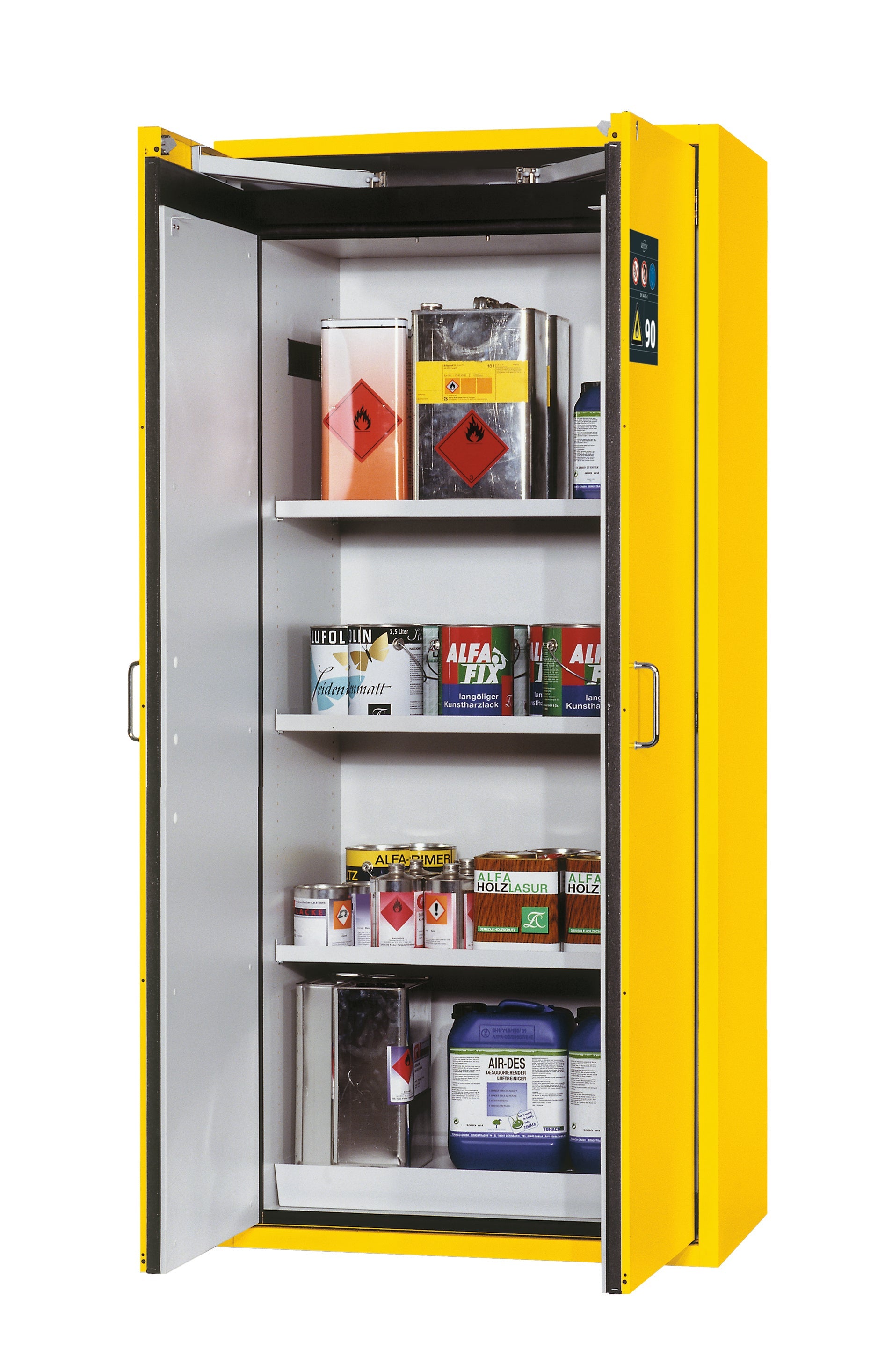 Type 90 safety cabinet S-CLASSIC-90 model S90.196.090 in safety yellow RAL 1004 with 3x standard shelves (sheet steel)