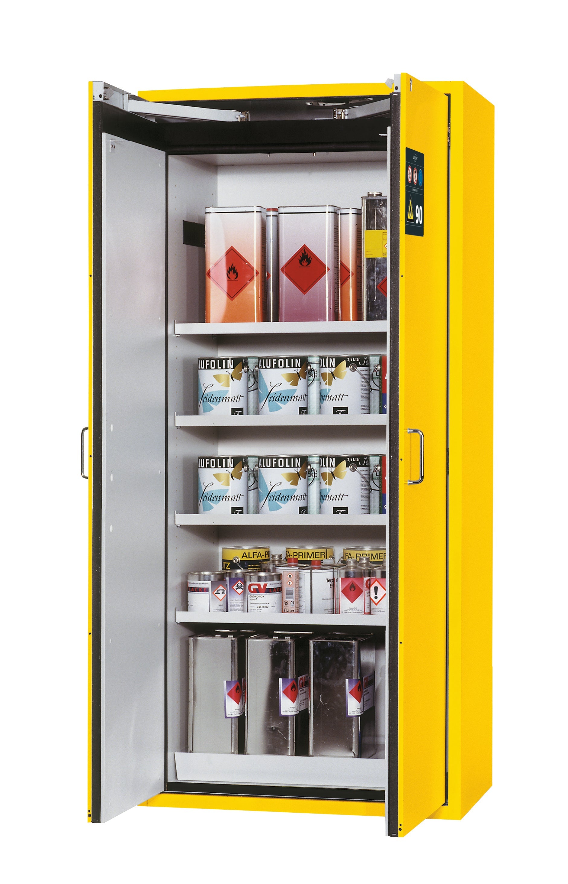 Type 90 safety cabinet S-CLASSIC-90 model S90.196.090 in safety yellow RAL 1004 with 4x standard shelves (sheet steel)