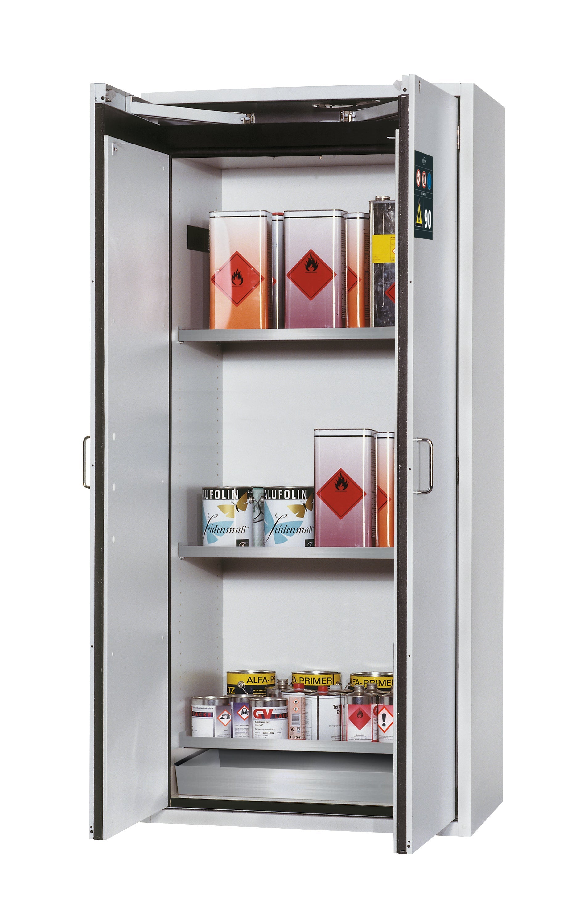 Armoire de sécurité type 90 S-CLASSIC-90 modèle S90.196.090.WDAS en gris clair RAL 7035 avec 3x étagères standard (acier inoxydable 1.4301)