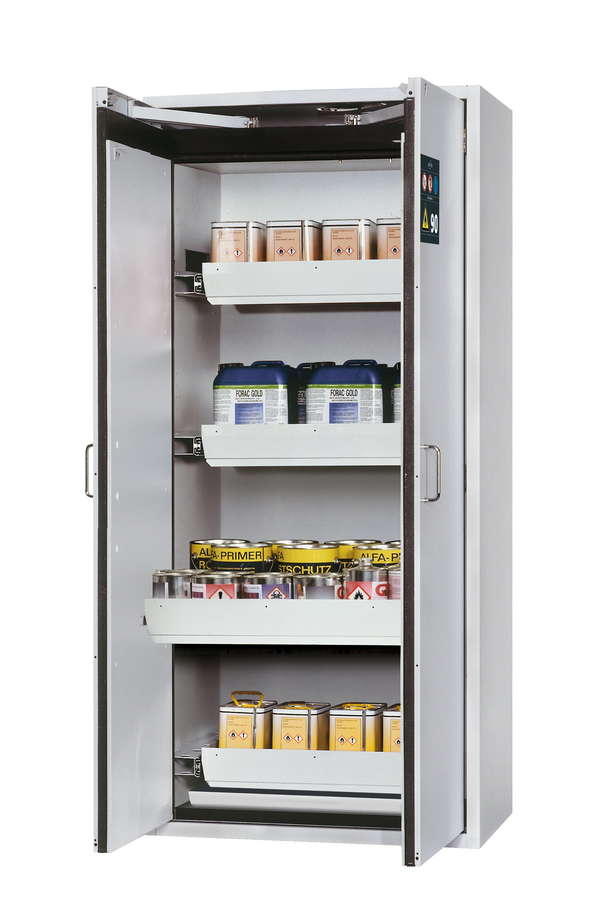 Armoire de sécurité type 90 S-CLASSIC-90 modèle S90.196.090.WDAS en gris clair RAL 7035 avec 4x plateaux coulissants standard (tôle d'acier)