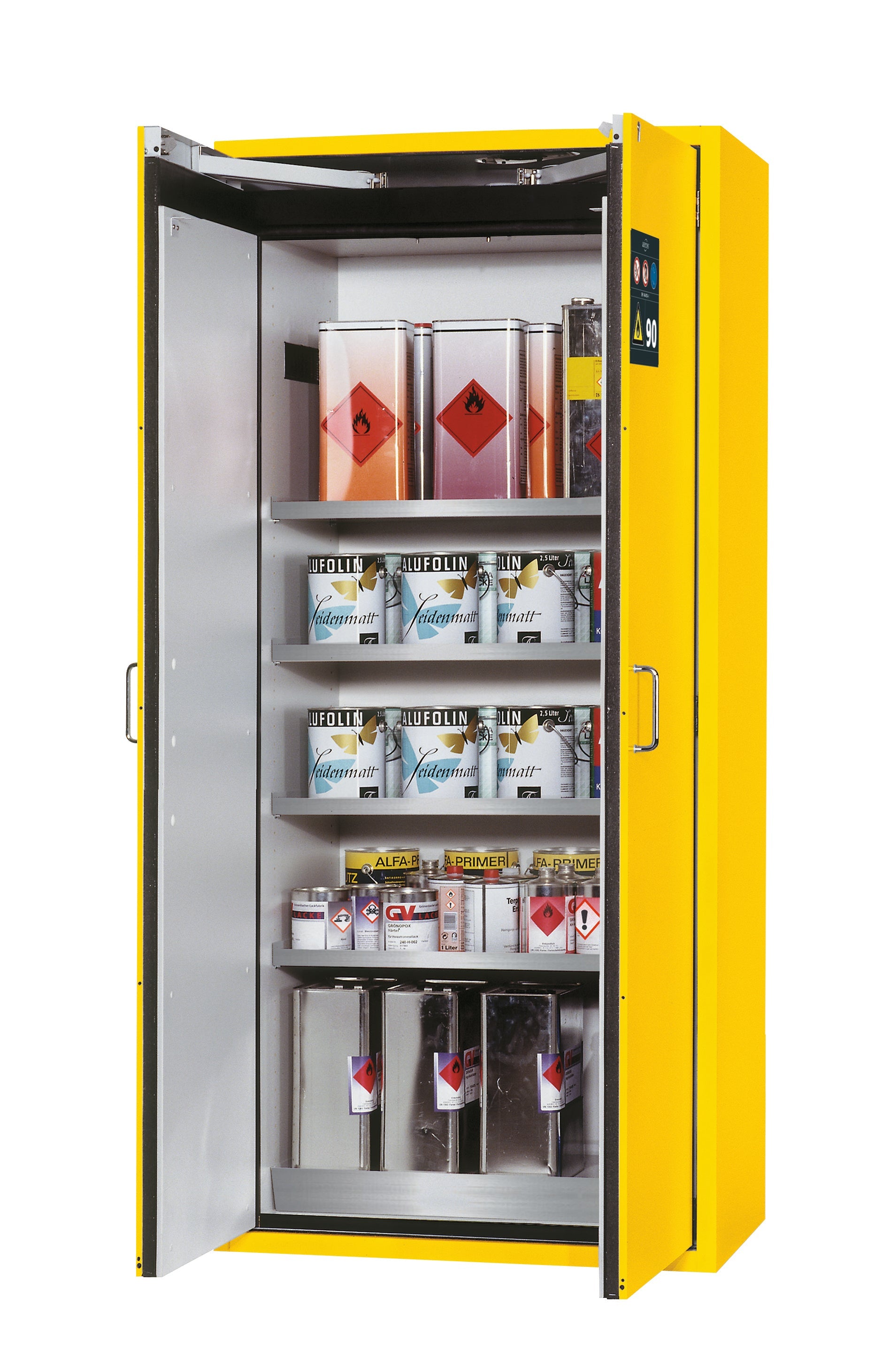 Type 90 safety cabinet S-CLASSIC-90 model S90.196.090 in safety yellow RAL 1004 with 4x standard shelves (stainless steel 1.4301)