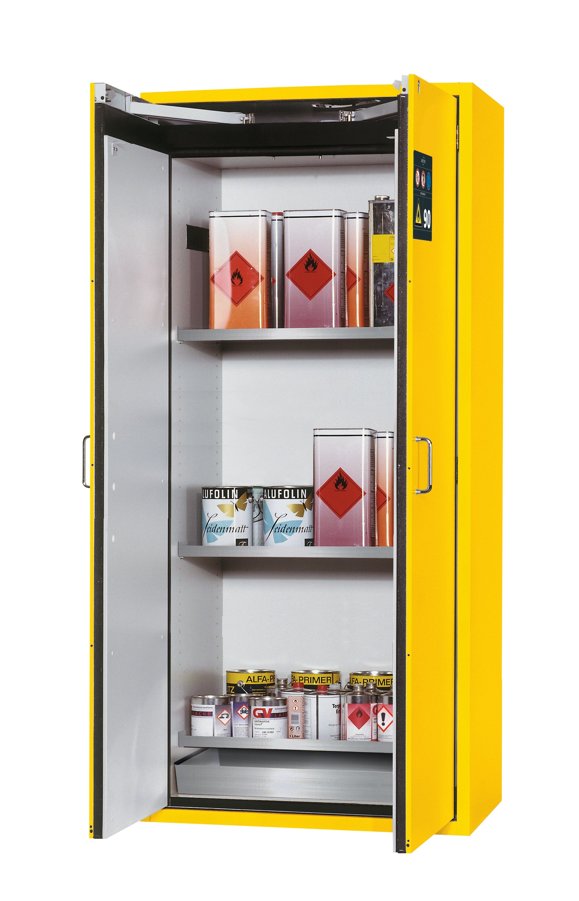 Type 90 safety cabinet S-CLASSIC-90 model S90.196.090 in safety yellow RAL 1004 with 3x standard shelves (stainless steel 1.4301)