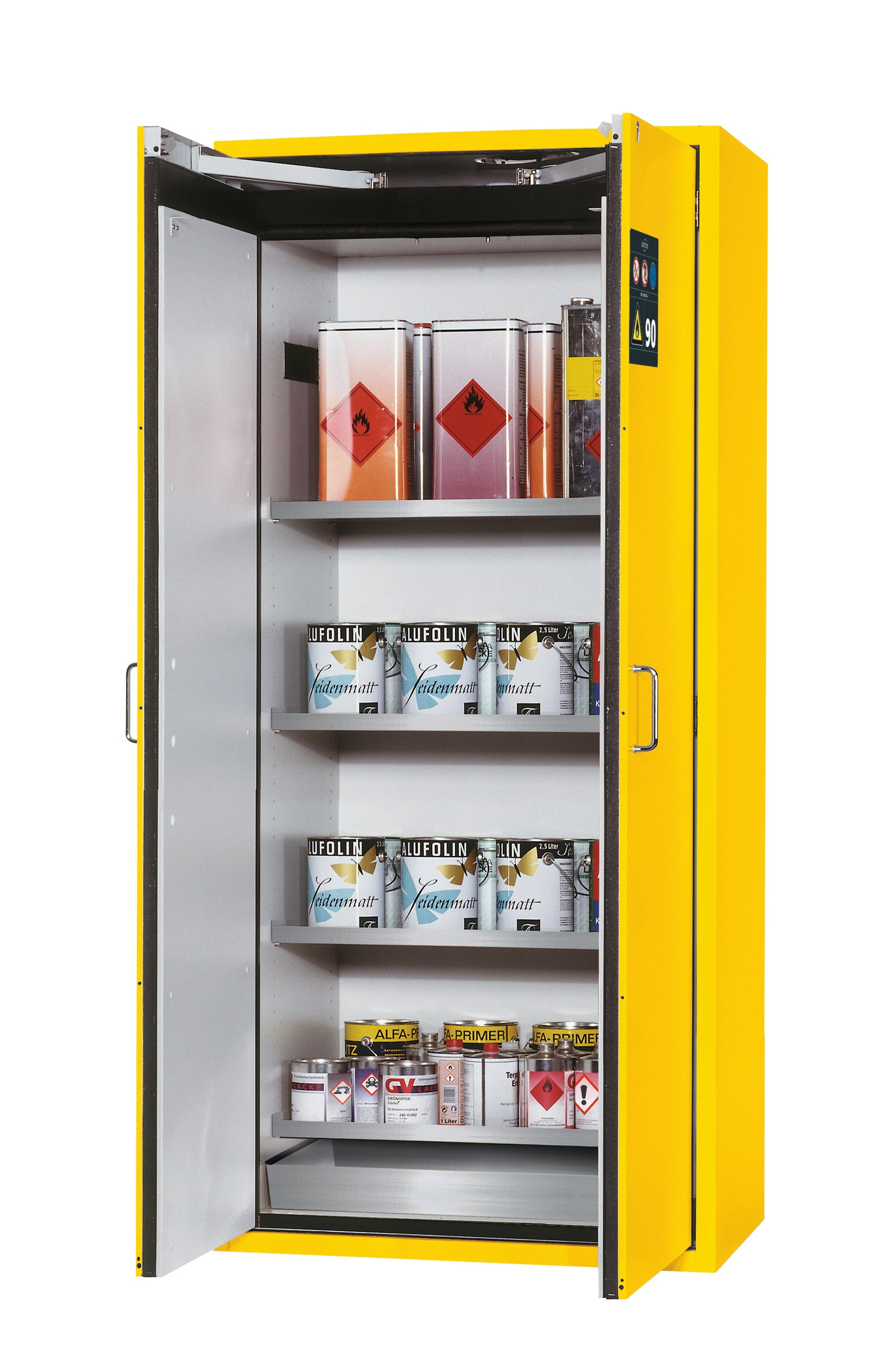 Type 90 safety cabinet S-CLASSIC-90 model S90.196.090 in safety yellow RAL 1004 with 4x standard shelves (stainless steel 1.4301)