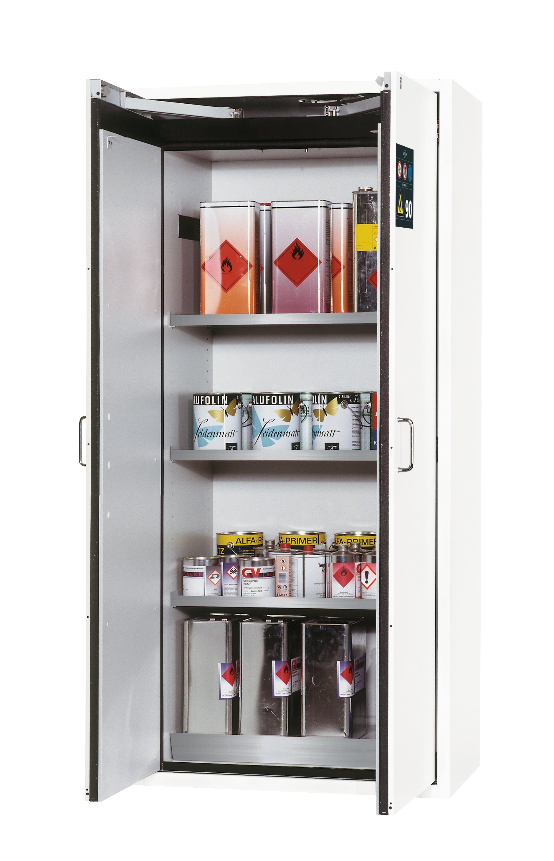 Armoire de sécurité type 90 S-CLASSIC-90 modèle S90.196.090.WDAS en blanc de laboratoire (similaire à RAL 9016) avec 3 étagères standard (acier inoxydable 1.4301)