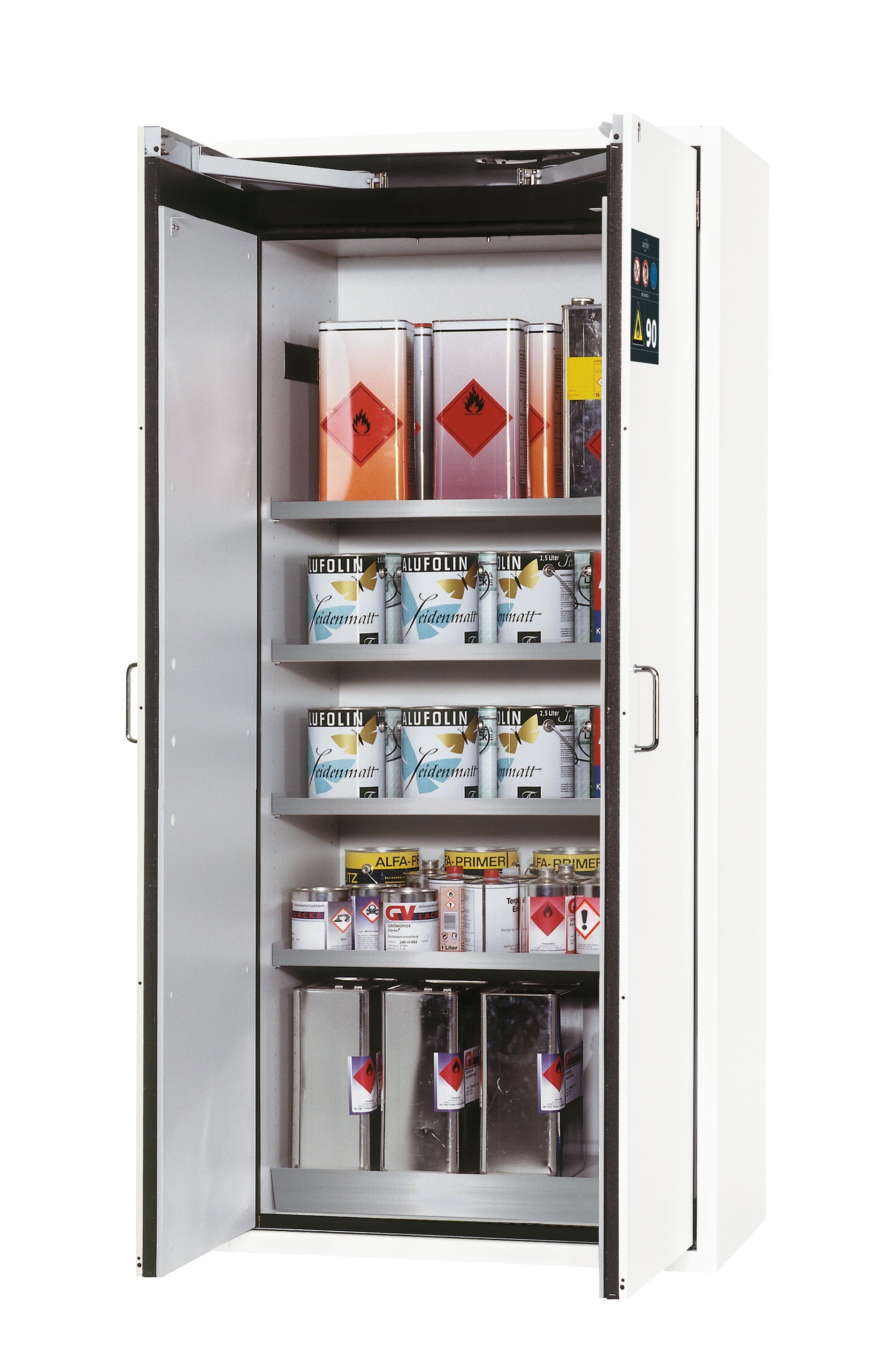 Armoire de sécurité type 90 S-CLASSIC-90 modèle S90.196.090.WDAS en blanc de laboratoire (similaire à RAL 9016) avec 4x étagères standard (acier inoxydable 1.4301)