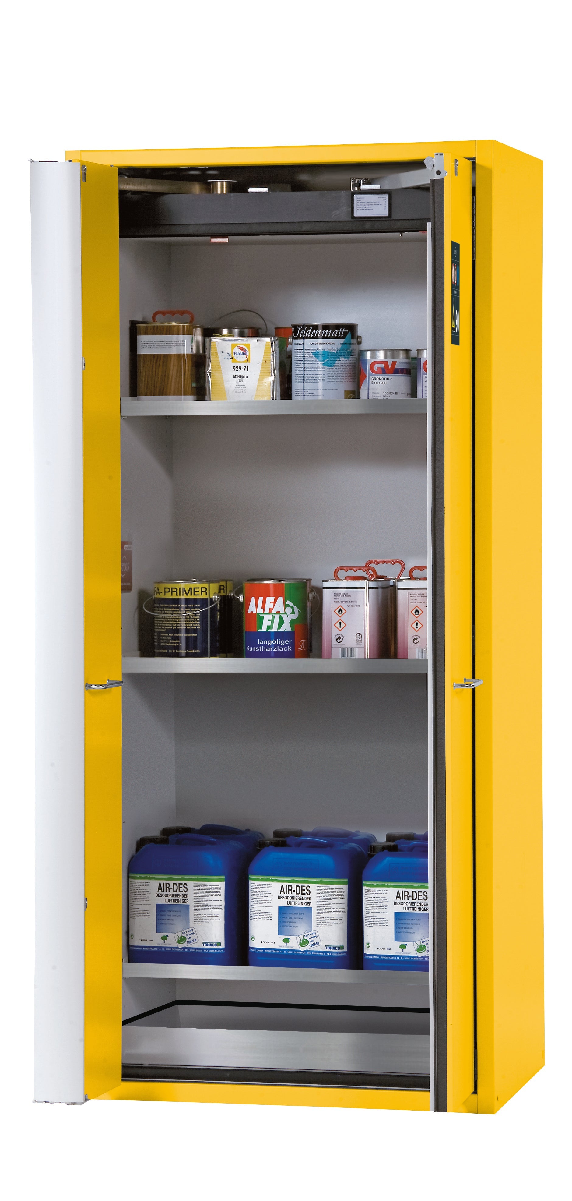 Typ 90 Sicherheitsschrank S-PHOENIX-90 Modell S90.196.090.FWAS in sicherheitsgelb RAL 1004 mit 3x Fachboden Standard (Edelstahl 1.4301)