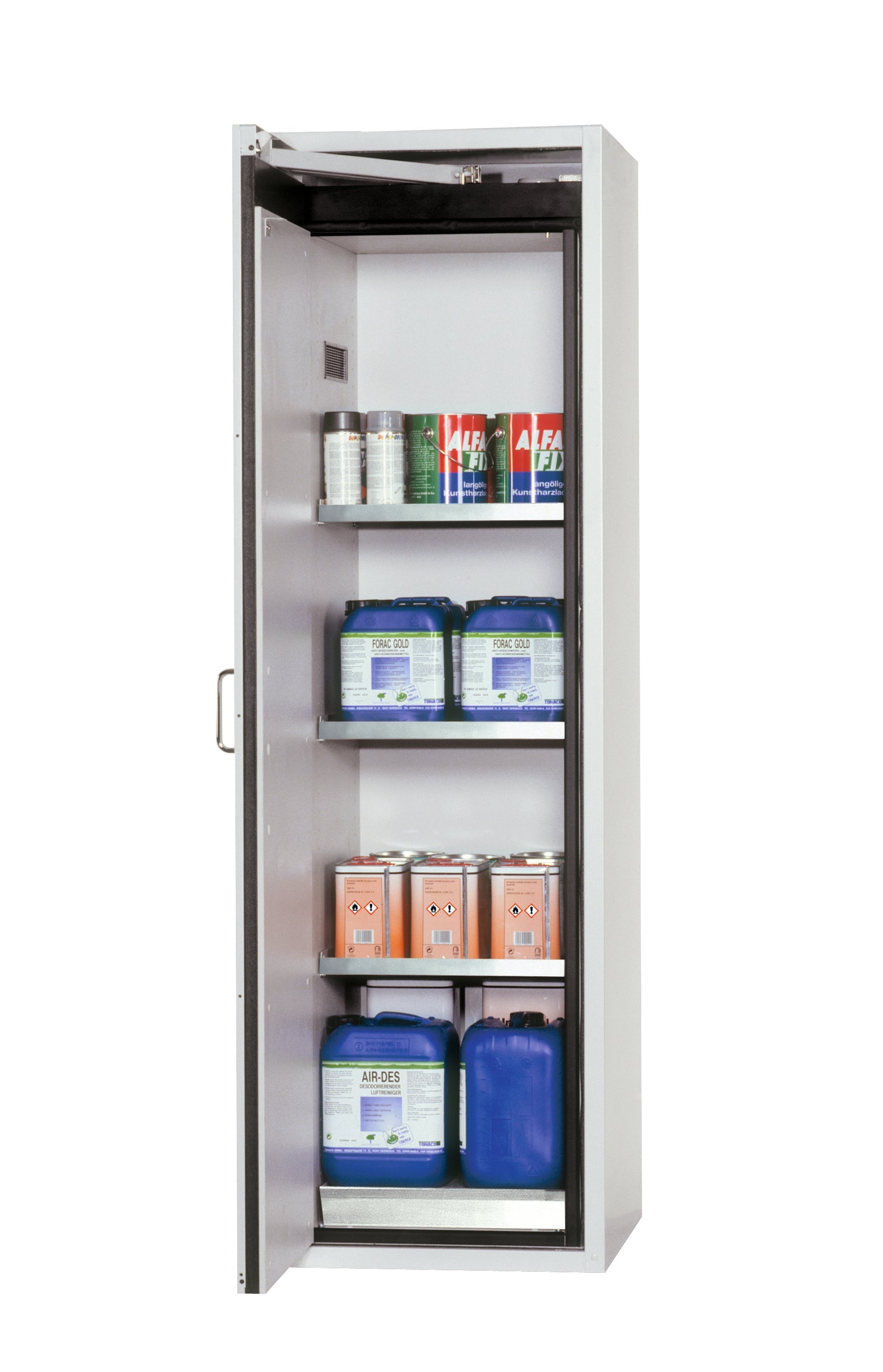 Type 90 safety cabinet S-CLASSIC-90 model S90.196.060.WDAS in light gray RAL 7035 with 3x standard shelves (stainless steel 1.4301)