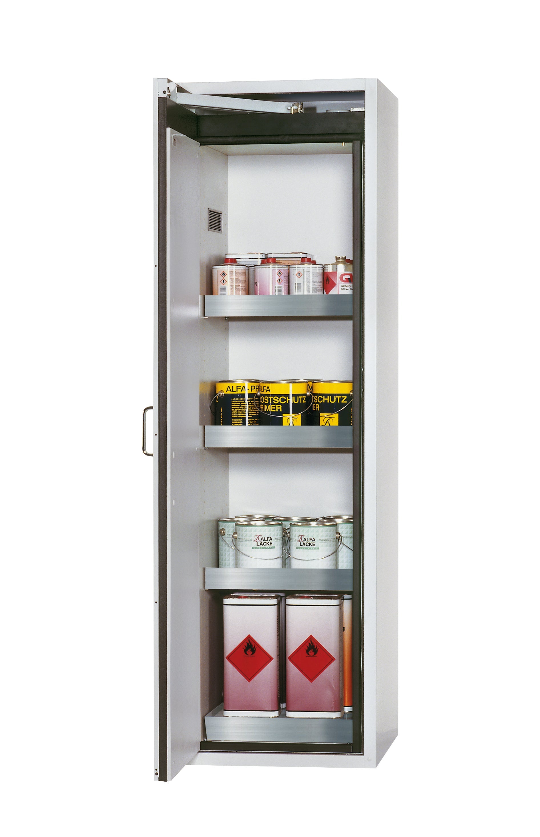 Type 90 safety cabinet S-CLASSIC-90 model S90.196.060.WDAS in light gray RAL 7035 with 3x standard tray base (stainless steel 1.4301)