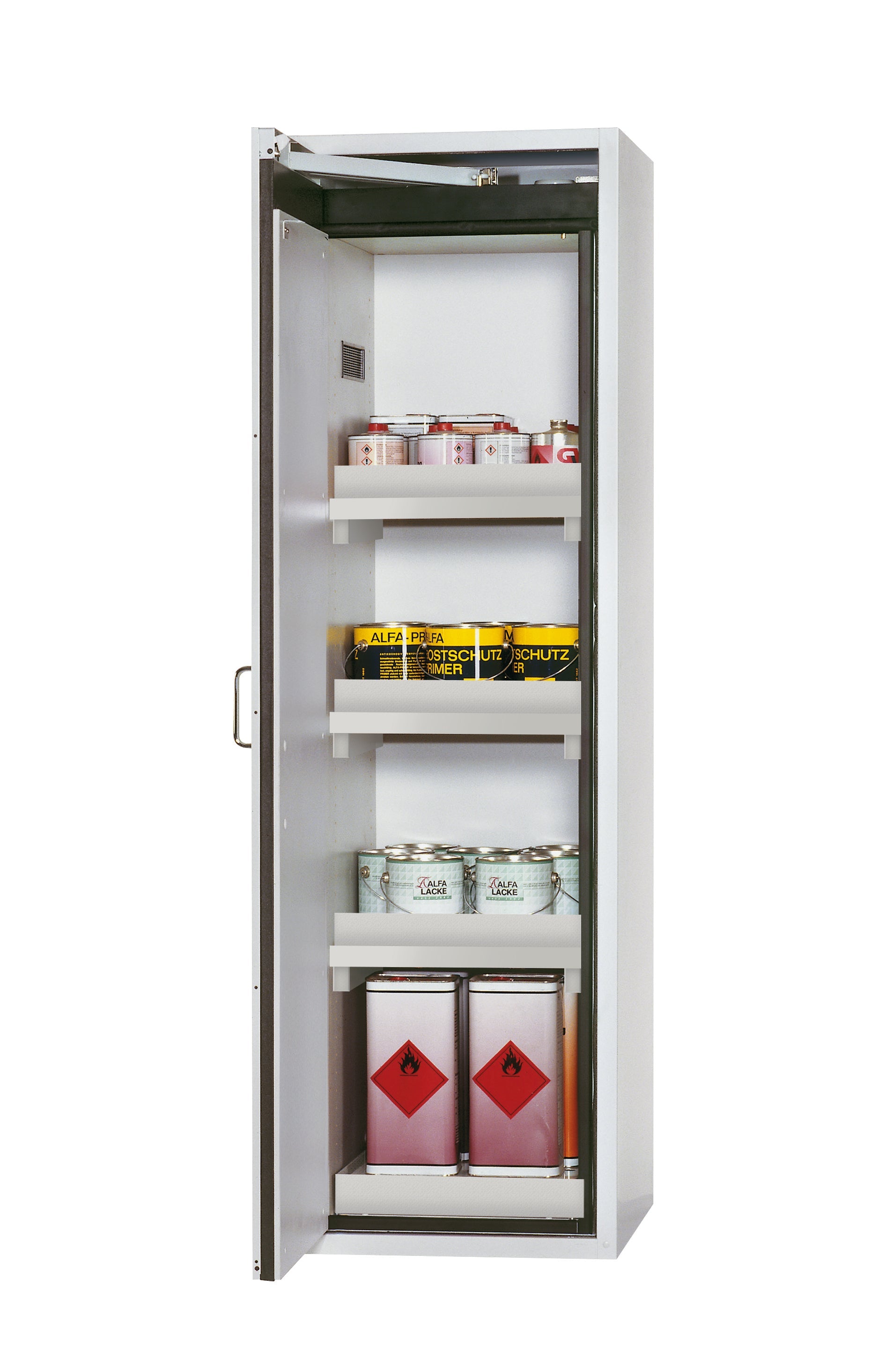 Type 90 safety cabinet S-CLASSIC-90 model S90.196.060.WDAS in light gray RAL 7035 with 3x standard tray base (polypropylene)