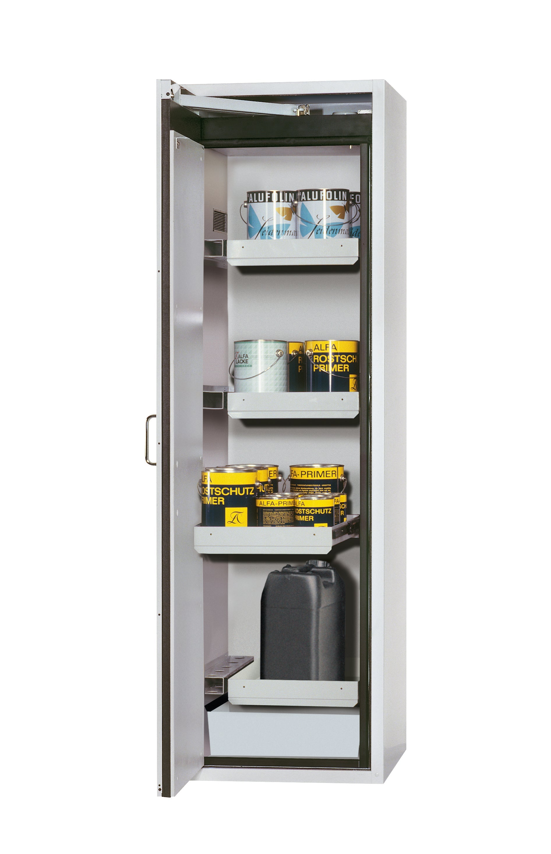 Type 90 safety cabinet S-CLASSIC-90 model S90.196.060.WDAS in light gray RAL 7035 with 3x standard pull-out tray (sheet steel)