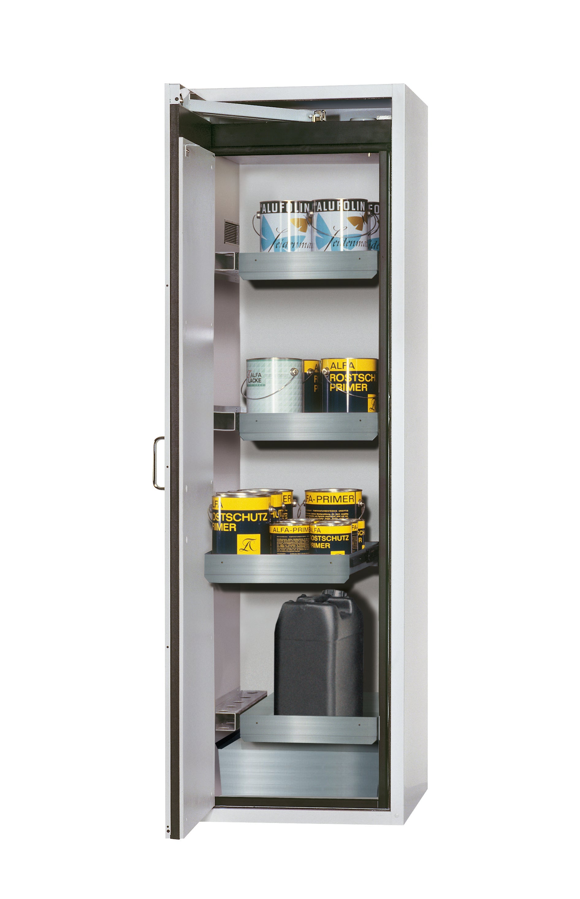 Type 90 safety cabinet S-CLASSIC-90 model S90.196.060.WDAS in light gray RAL 7035 with 3x standard pull-out tray (stainless steel 1.4301)