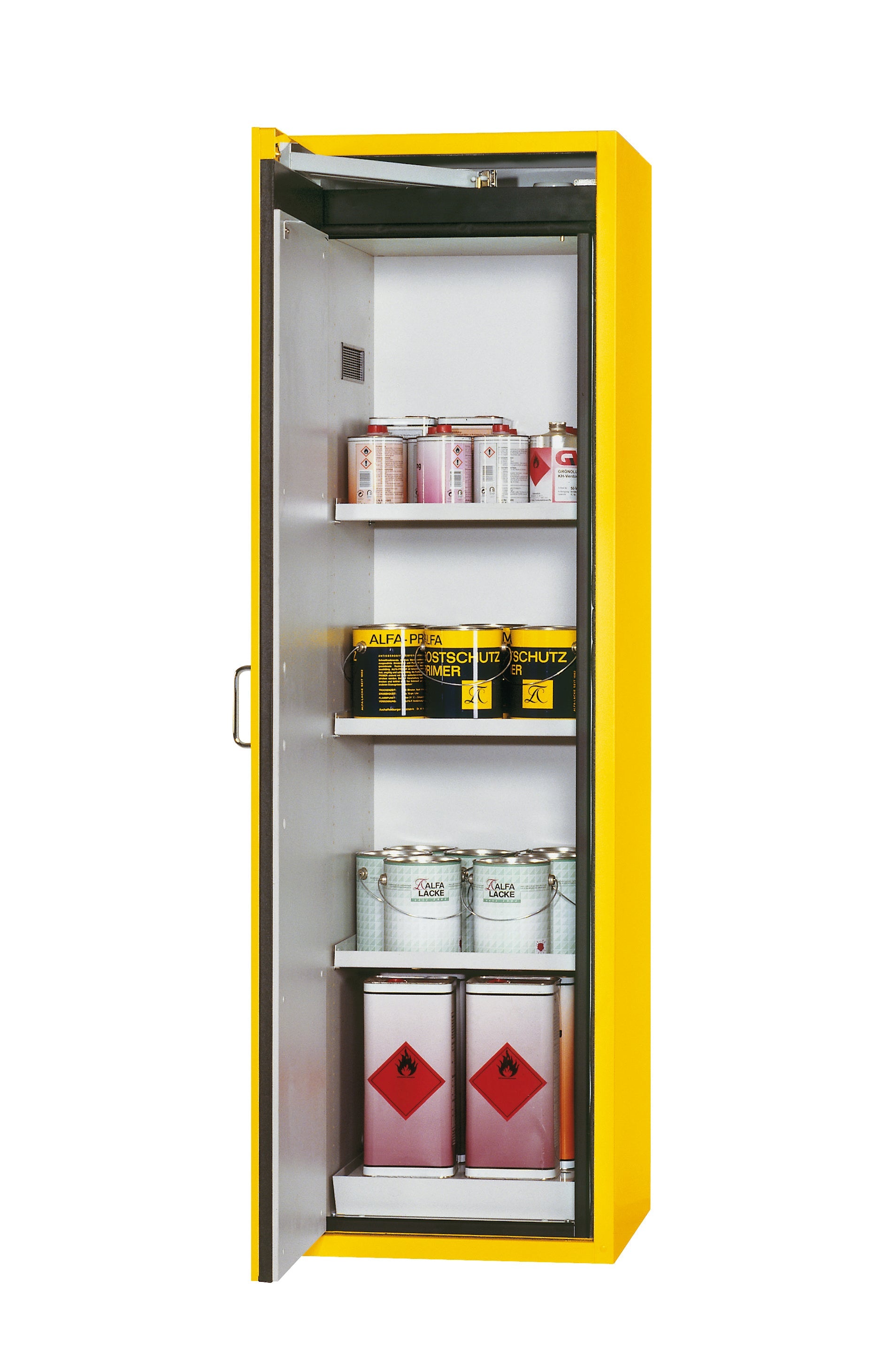 Type 90 safety cabinet S-CLASSIC-90 model S90.196.060.WDAS in safety yellow RAL 1004 with 3x standard shelves (sheet steel)