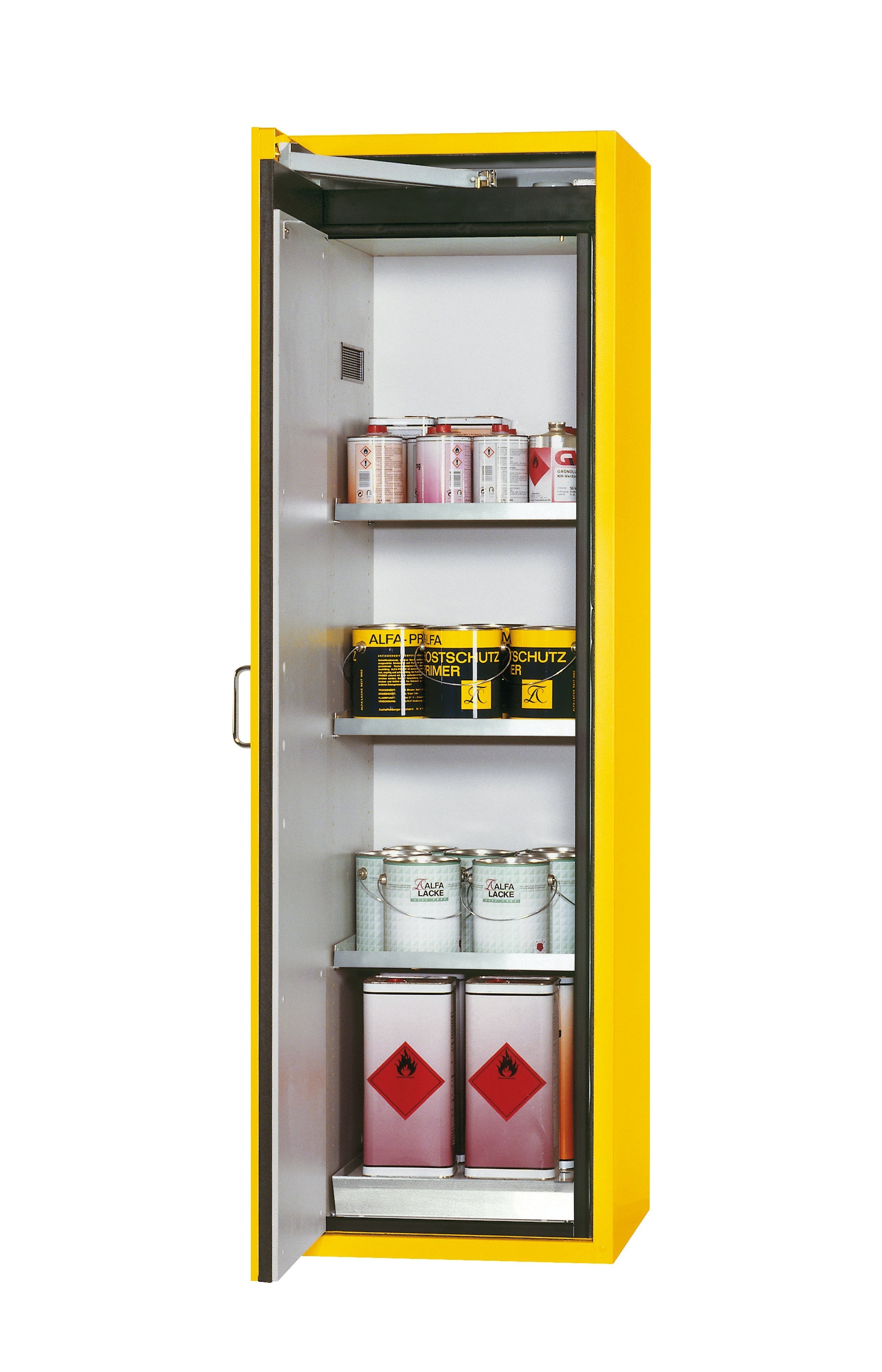 Type 90 safety cabinet S-CLASSIC-90 model S90.196.060.WDAS in safety yellow RAL 1004 with 3x standard shelves (stainless steel 1.4301)
