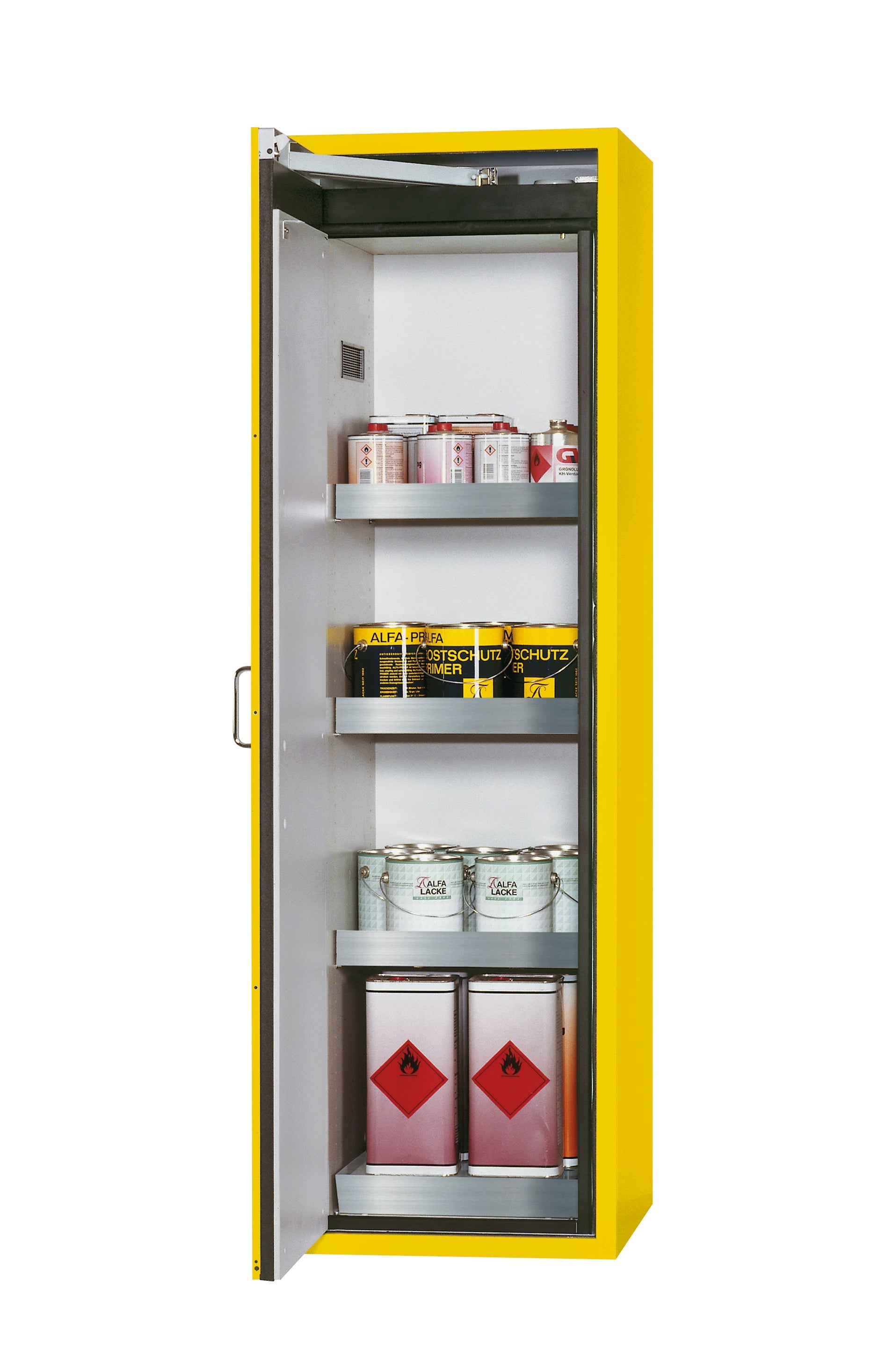 Type 90 safety cabinet S-CLASSIC-90 model S90.196.060.WDAS in safety yellow RAL 1004 with 3x standard tray base (stainless steel 1.4301)