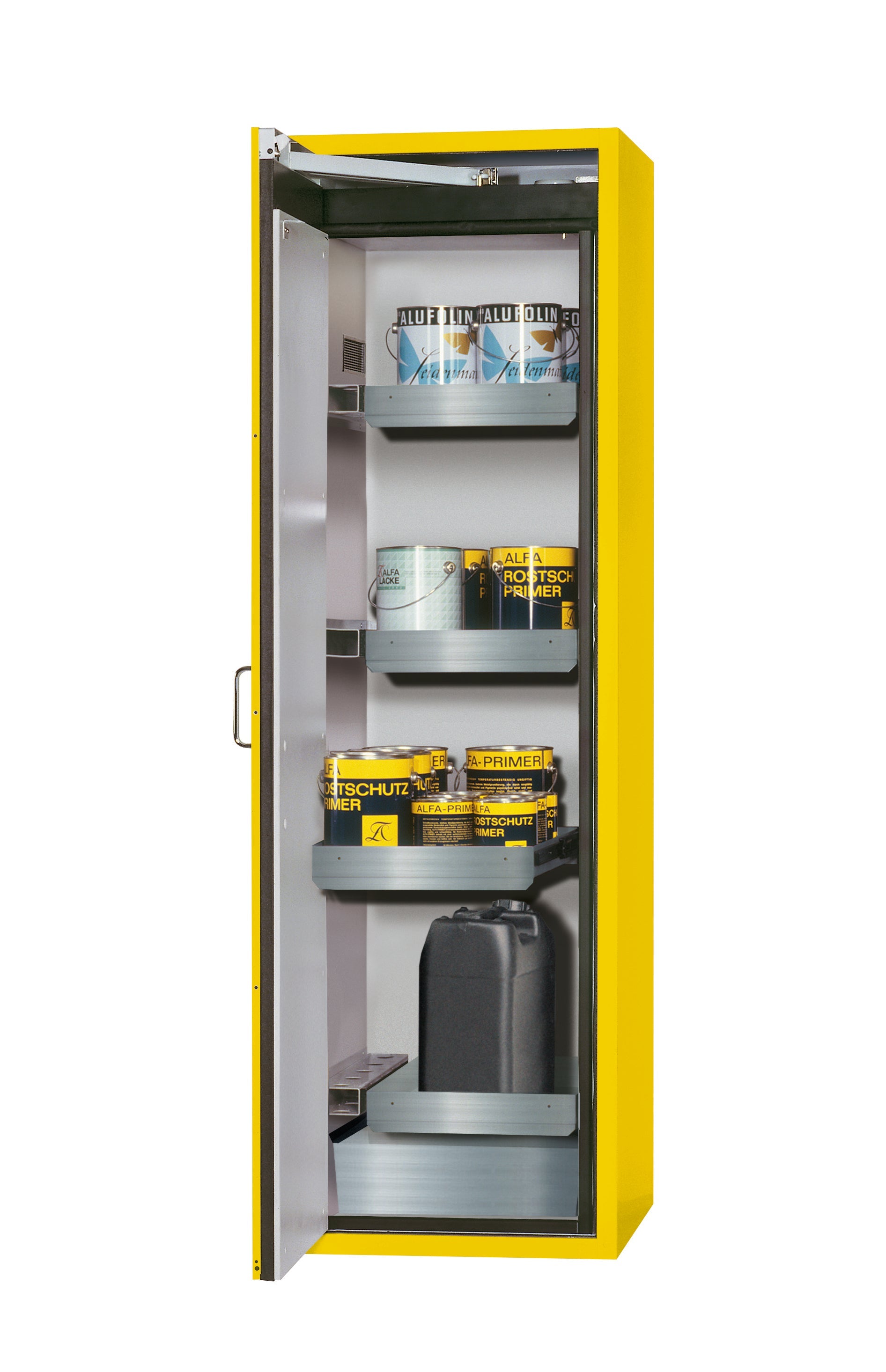 Type 90 safety cabinet S-CLASSIC-90 model S90.196.060.WDAS in safety yellow RAL 1004 with 3x standard pull-out tray (stainless steel 1.4301)