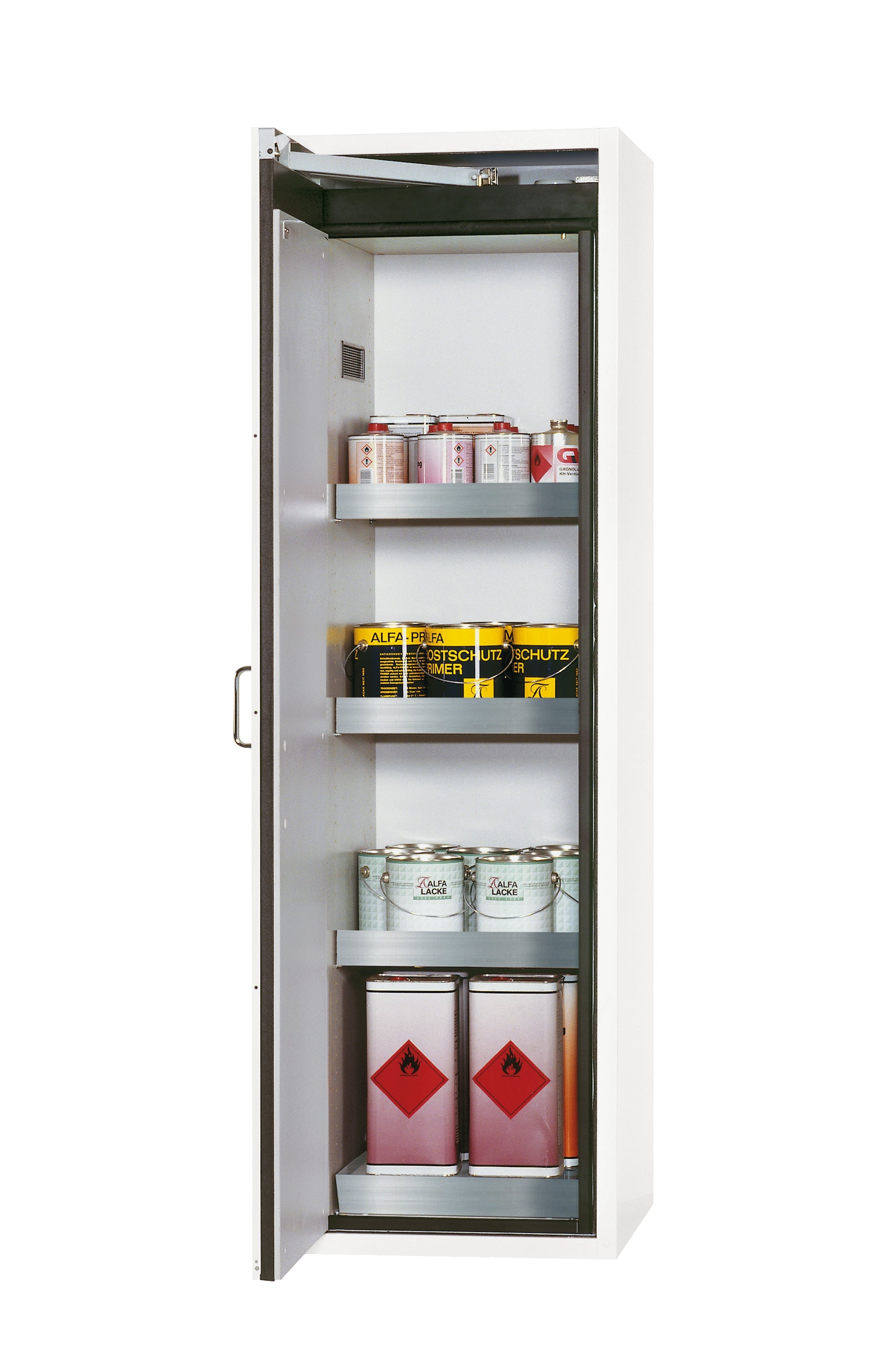Armoire de sécurité type 90 S-CLASSIC-90 modèle S90.196.060.WDAS en blanc de laboratoire (similaire à RAL 9016) avec 3x pieds de plateau standard (acier inoxydable 1.4301)