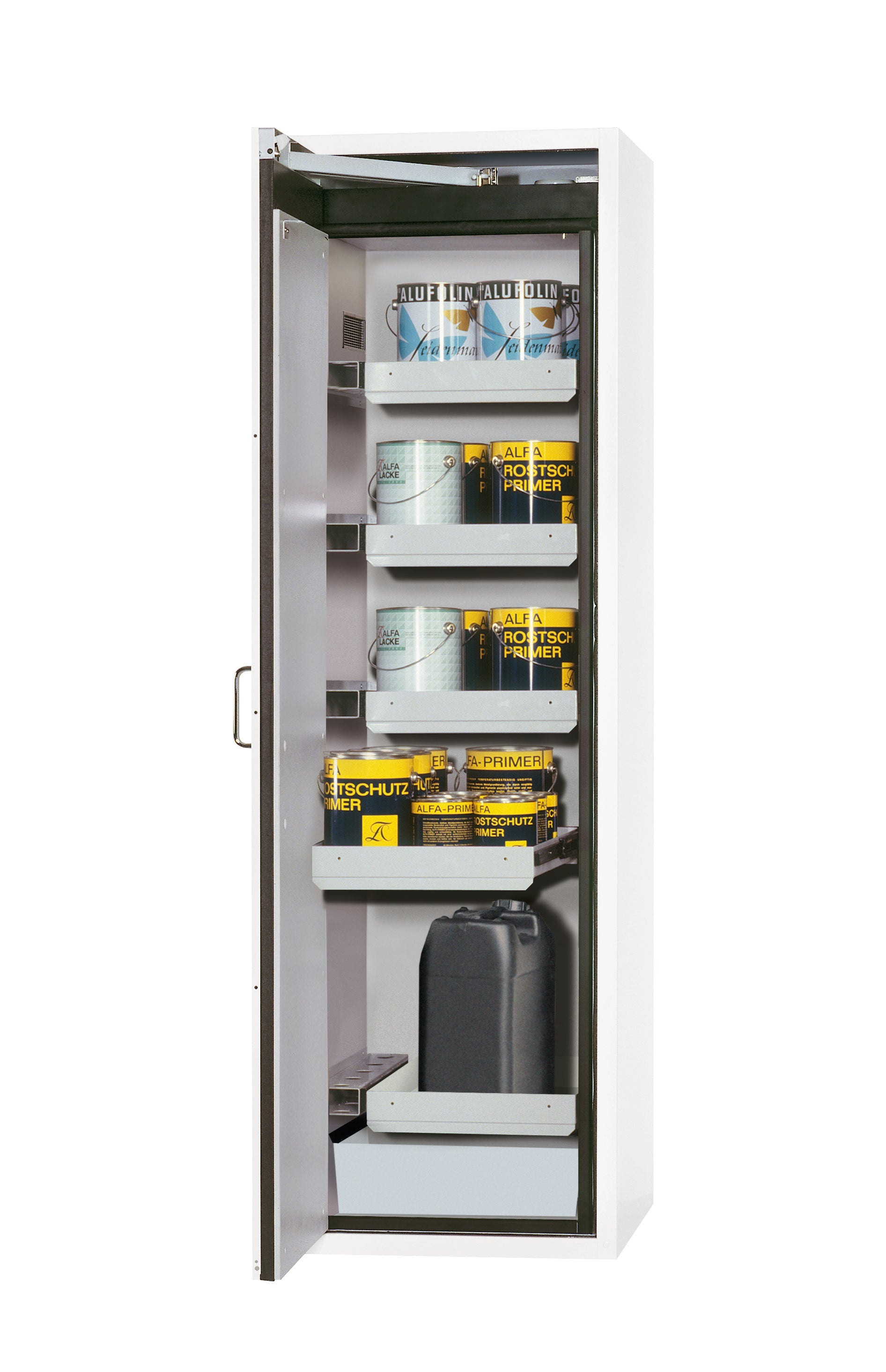 Armoire de sécurité type 90 S-CLASSIC-90 modèle S90.196.060.WDAS en blanc de laboratoire (similaire à RAL 9016) avec 4 plateaux coulissants standard (tôle d'acier)