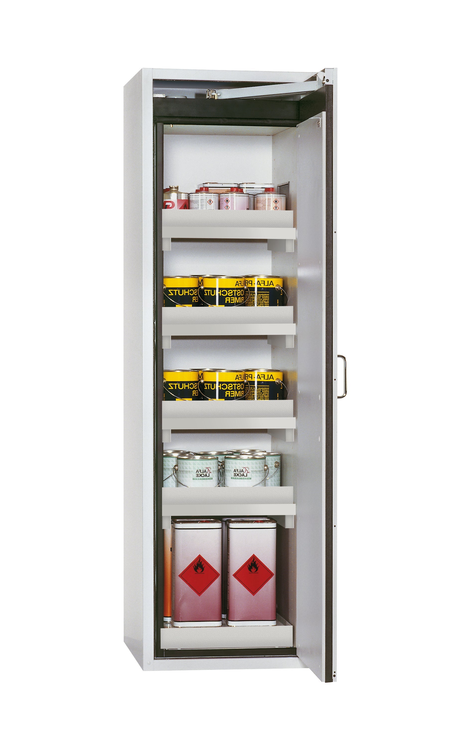 Type 90 safety cabinet S-CLASSIC-90 model S90.196.060.WDASR in light gray RAL 7035 with 4x standard tray base (polypropylene)