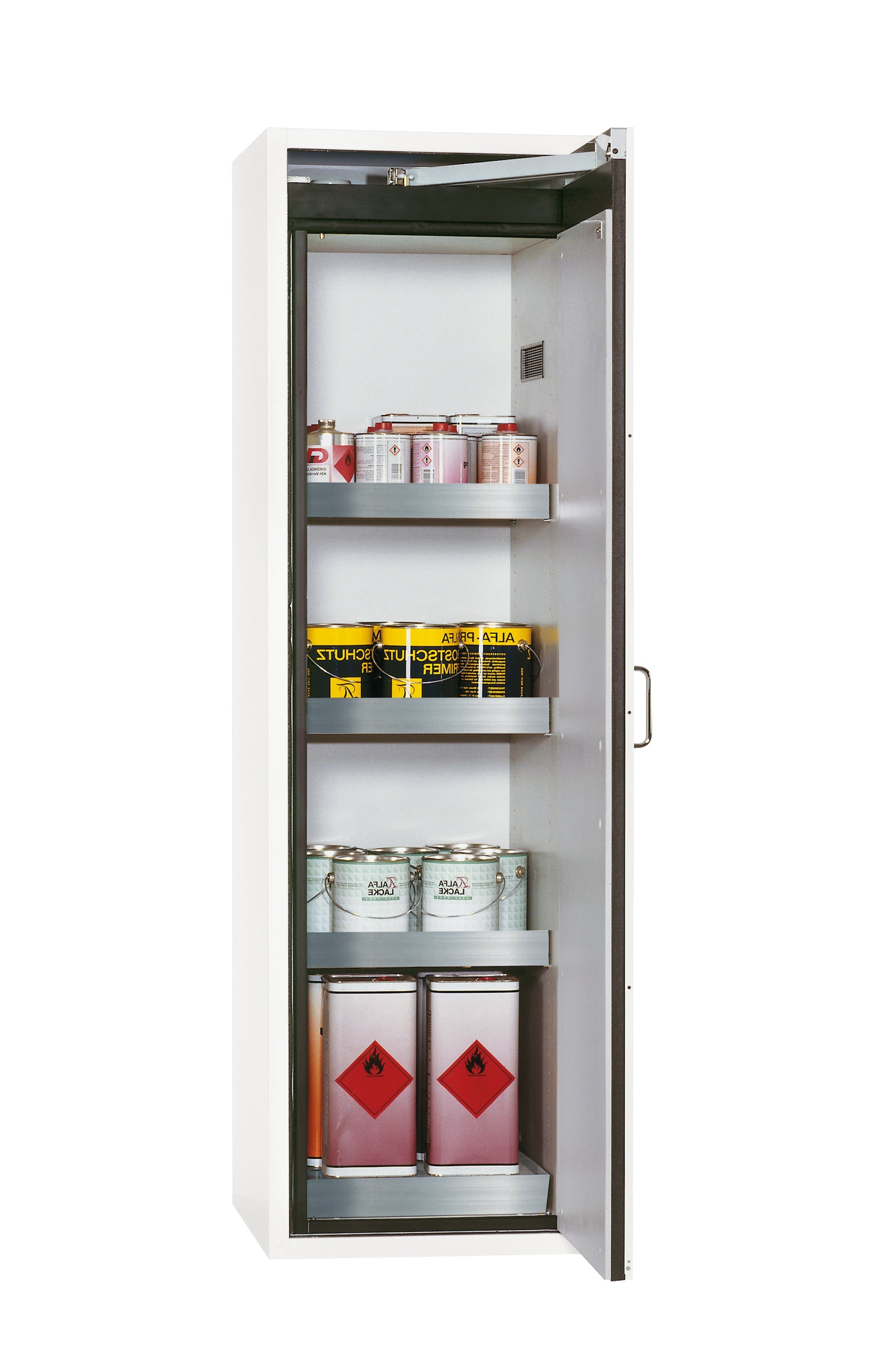 Armoire de sécurité type 90 S-CLASSIC-90 modèle S90.196.060.R en blanc de laboratoire (similaire à RAL 9016) avec 3x pieds de plateau standard (acier inoxydable 1.4301)