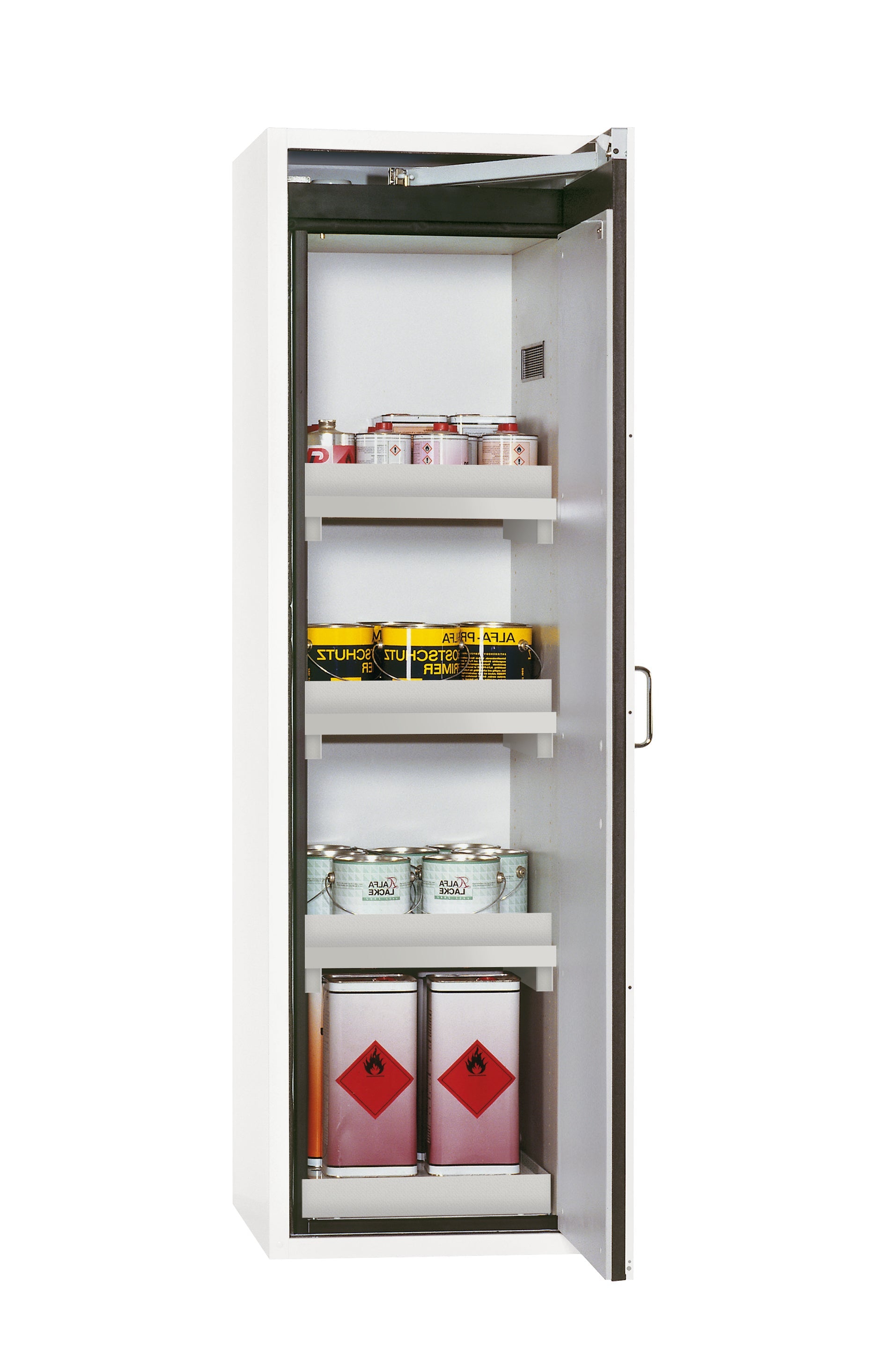 Armoire de sécurité type 90 S-CLASSIC-90 modèle S90.196.060.R en blanc de laboratoire (similaire à RAL 9016) avec 3x pieds de plateau standard (polypropylène)