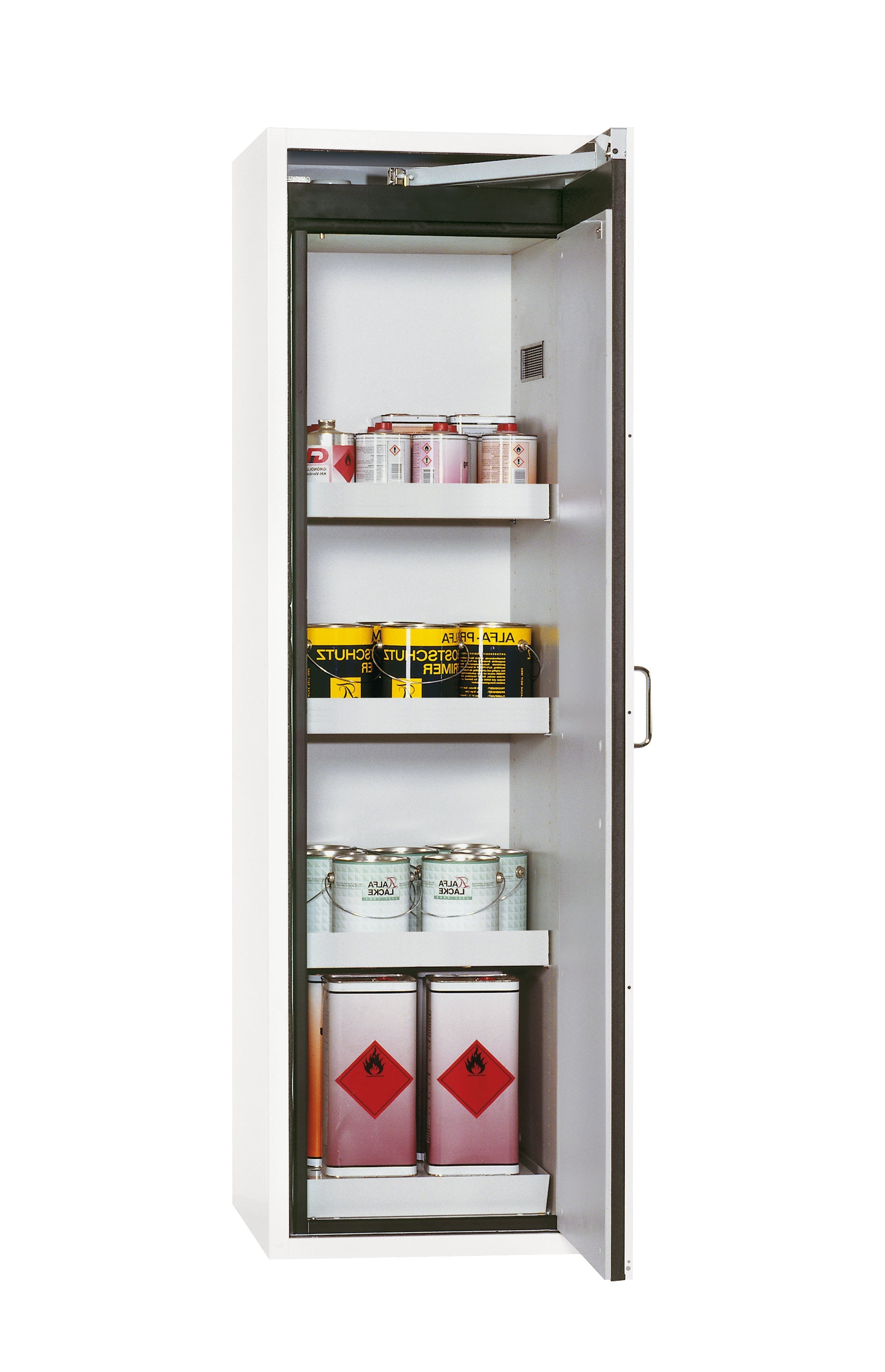 Armoire de sécurité type 90 S-CLASSIC-90 modèle S90.196.060.R en blanc de laboratoire (similaire à RAL 9016) avec 3x pieds de plateau standard (tôle d'acier)