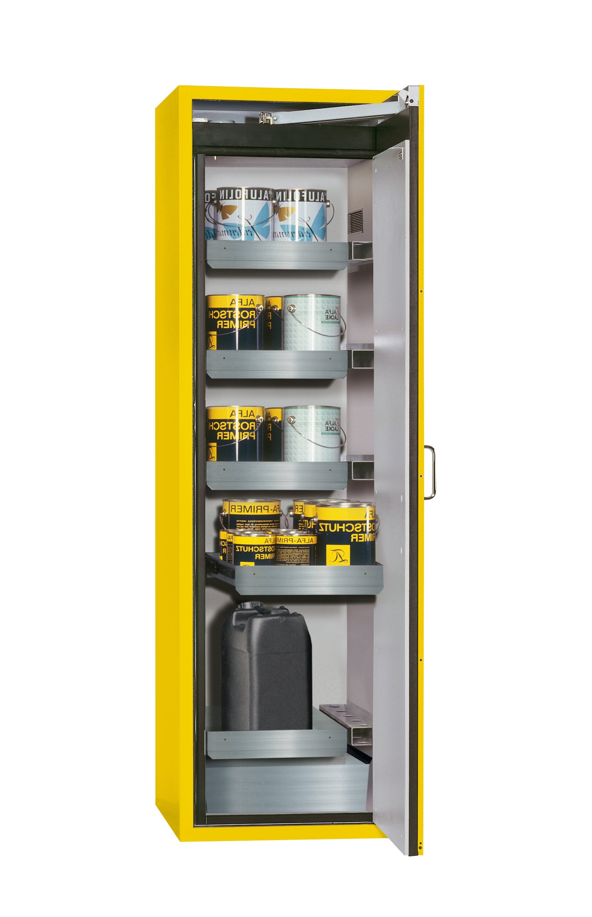 Type 90 safety cabinet S-CLASSIC-90 model S90.196.060.WDASR in safety yellow RAL 1004 with 4x standard pull-out tray (stainless steel 1.4301)