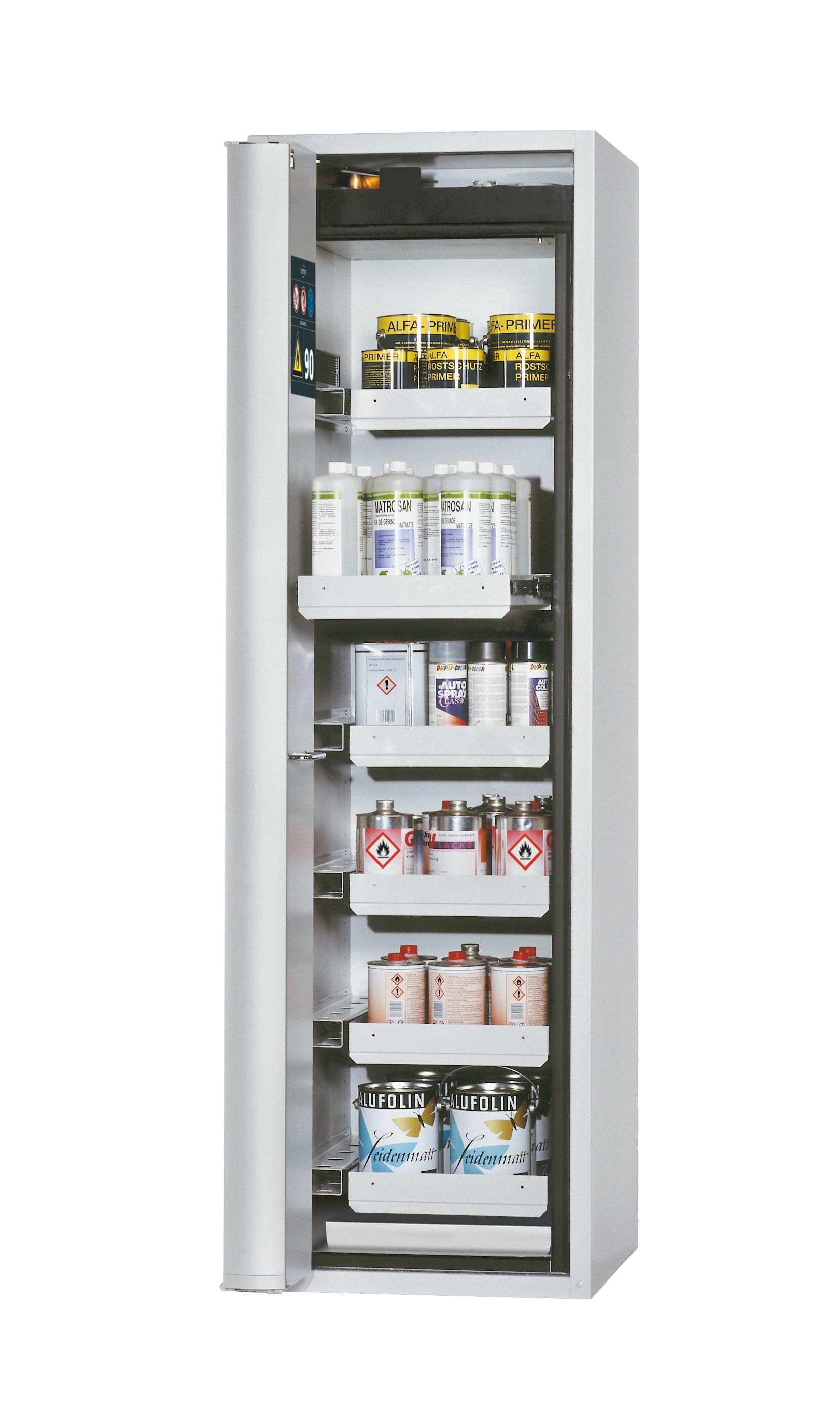 Typ 90 Sicherheitsschrank S-PHOENIX Vol.2-90 Modell S90.196.060.FDAC in lichtgrau RAL 7035 mit 6x Auszugswanne Standard (Stahlblech)