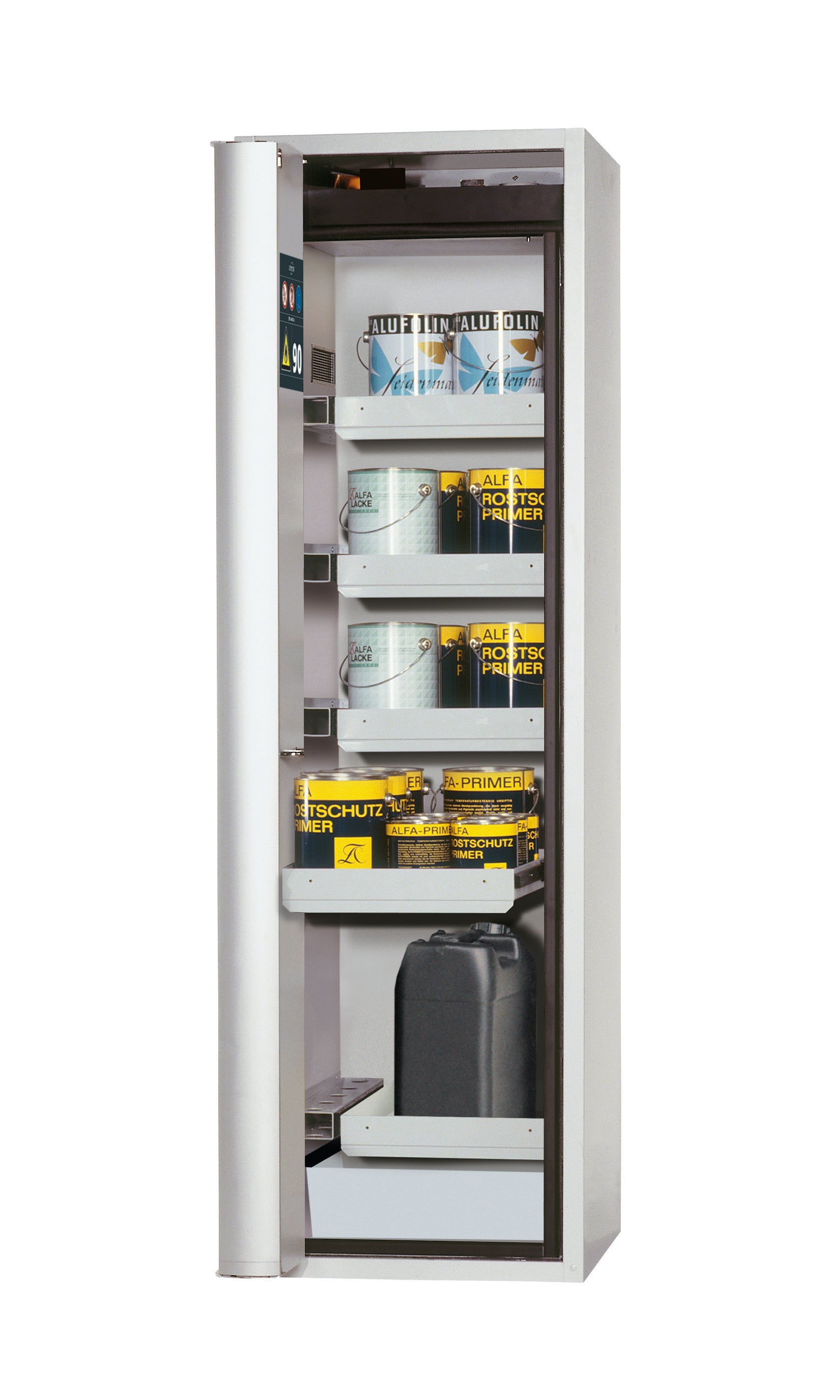 Typ 90 Sicherheitsschrank S-PHOENIX Vol.2-90 Modell S90.196.060.FDAC in lichtgrau RAL 7035 mit 4x Auszugswanne Standard (Stahlblech)