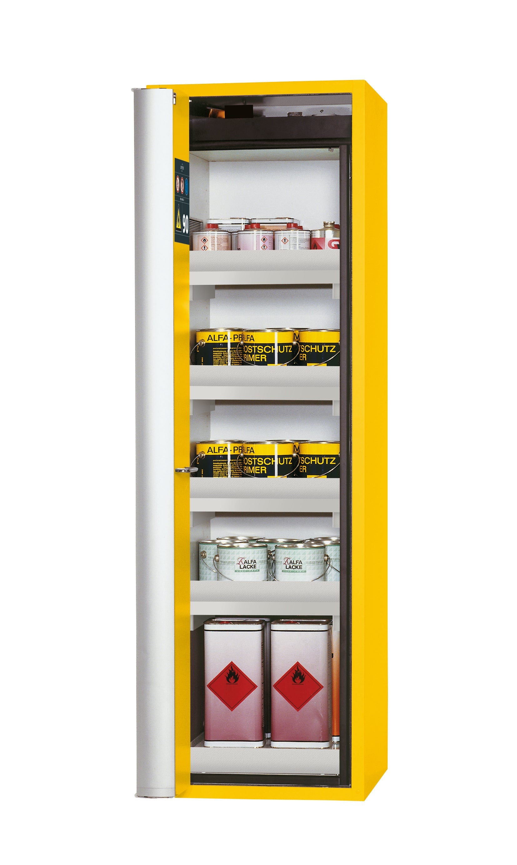 Typ 90 Sicherheitsschrank S-PHOENIX-90 Modell S90.196.060.FDAS in sicherheitsgelb RAL 1004 mit 4x Wannenboden Standard (Polypropylen)