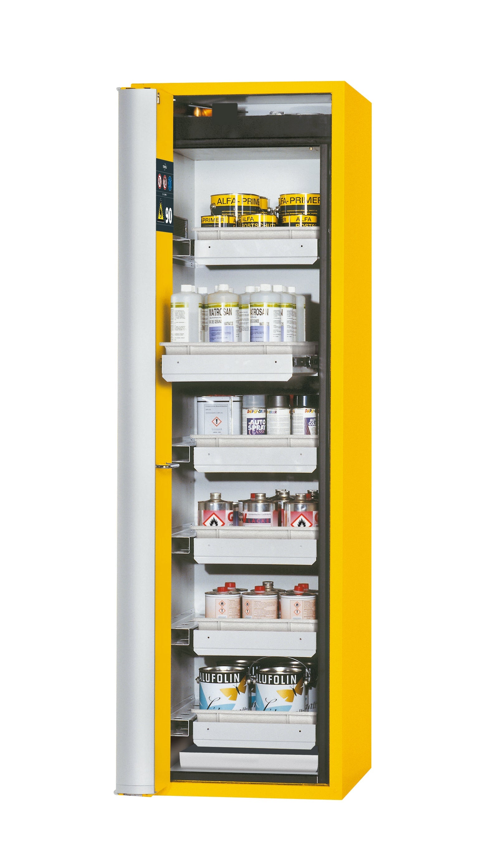 Typ 90 Sicherheitsschrank S-PHOENIX Vol.2-90 Modell S90.196.060.FDAC in sicherheitsgelb RAL 1004 mit 6x Auszugswanne Standard (Stahlblech)