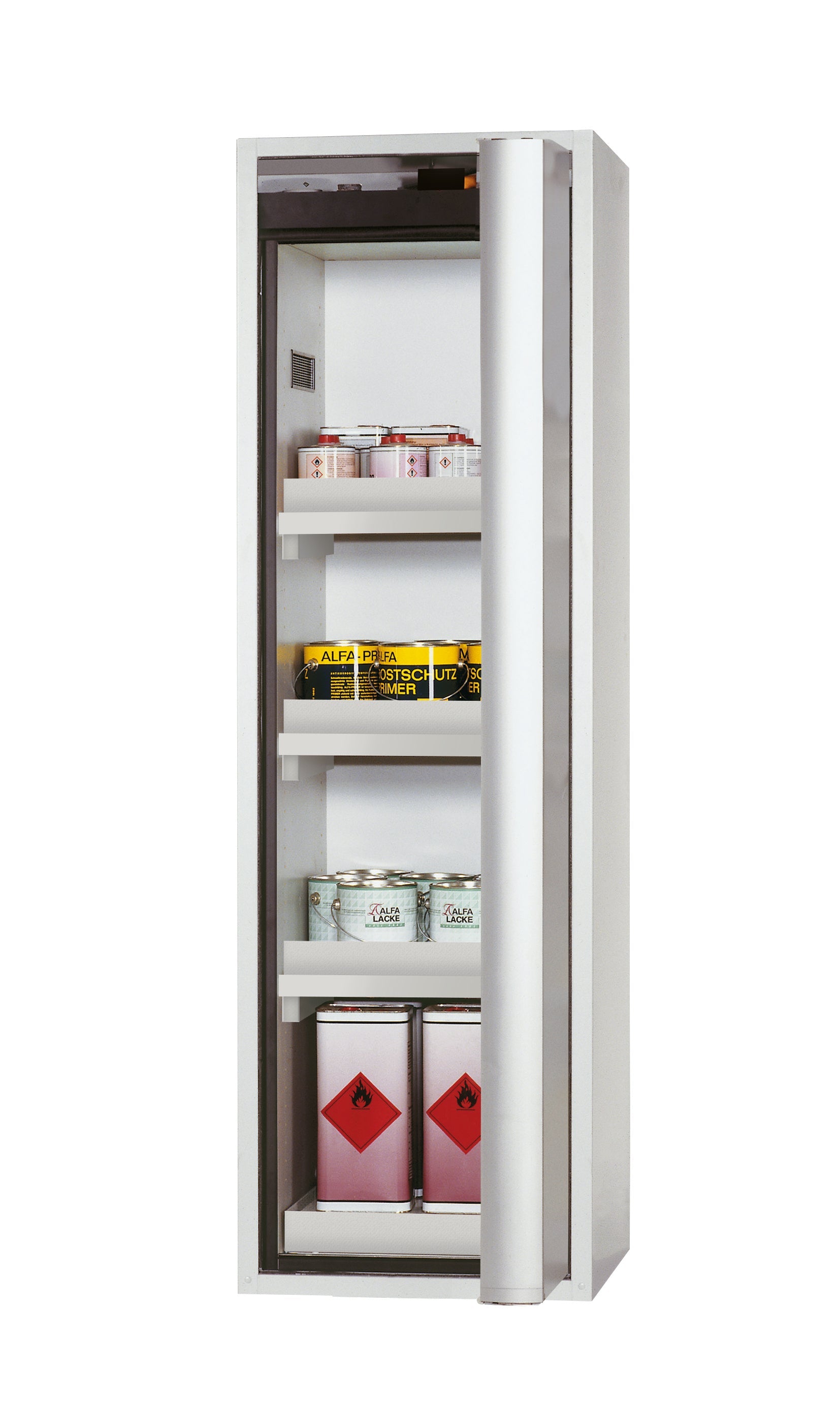 Typ 90 Sicherheitsschrank S-PHOENIX Vol.2-90 Modell S90.196.060.FDACR in lichtgrau RAL 7035 mit 3x Wannenboden Standard (Polypropylen)