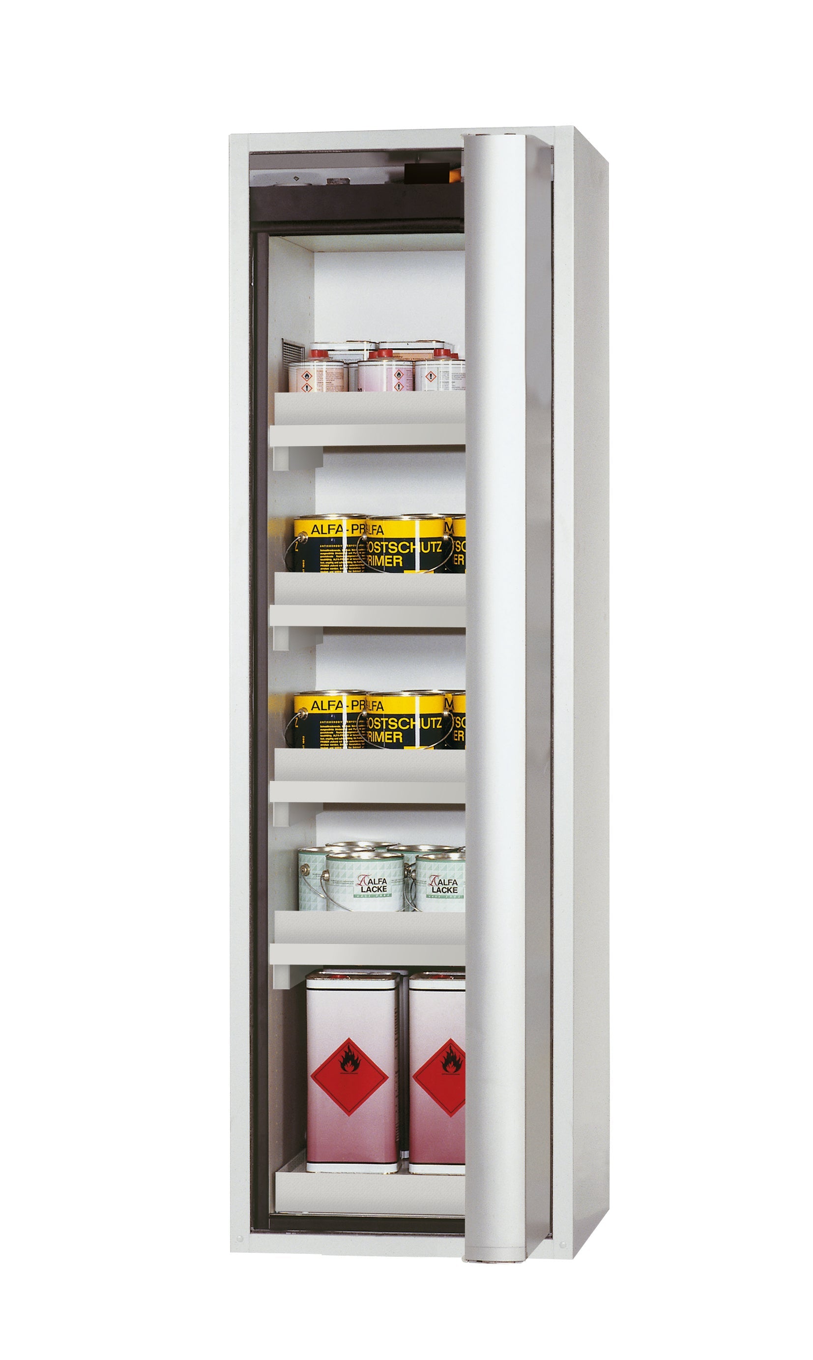 Type 90 safety cabinet S-PHOENIX Vol.2-90 model S90.196.060.FDACR in light gray RAL 7035 with 4x standard tray base (polypropylene)