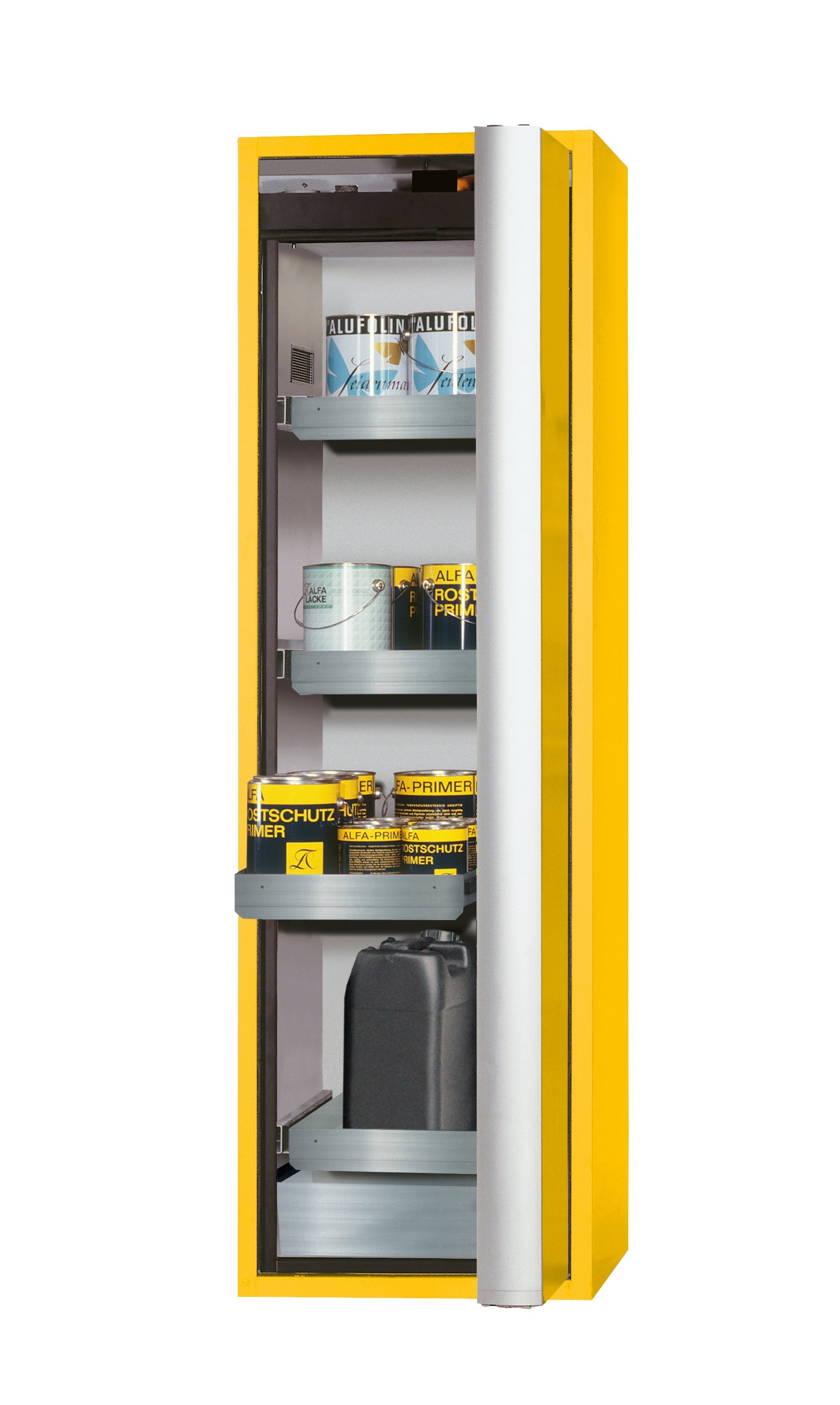 Type 90 safety cabinet S-PHOENIX Vol.2-90 model S90.196.060.FDACR in safety yellow RAL 1004 with 3x standard pull-out tray (stainless steel 1.4301)