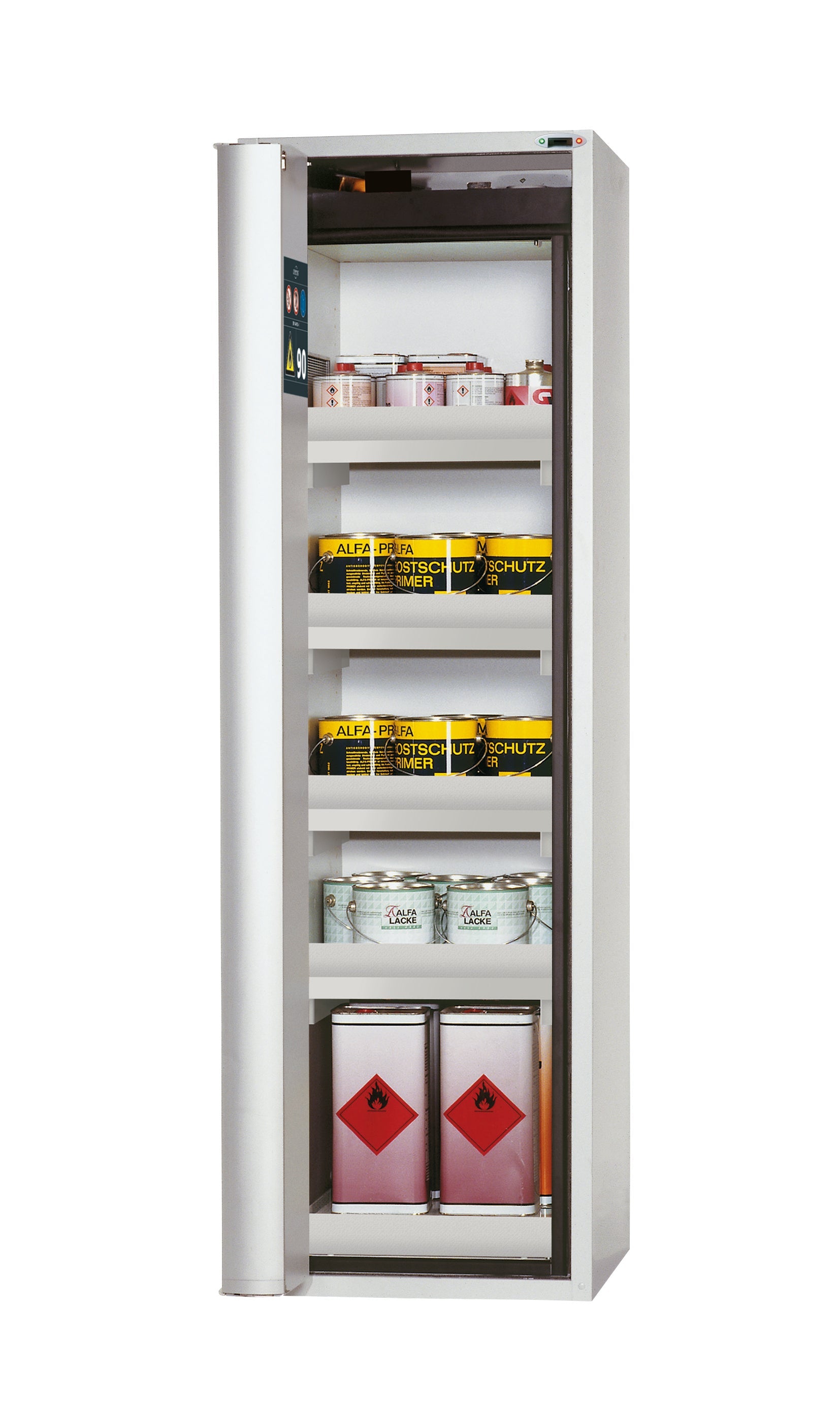 Type 90 safety cabinet S-PHOENIX touchless-90 model S90.196.060.FDAO in light gray RAL 7035 with 4x standard tray base (polypropylene)